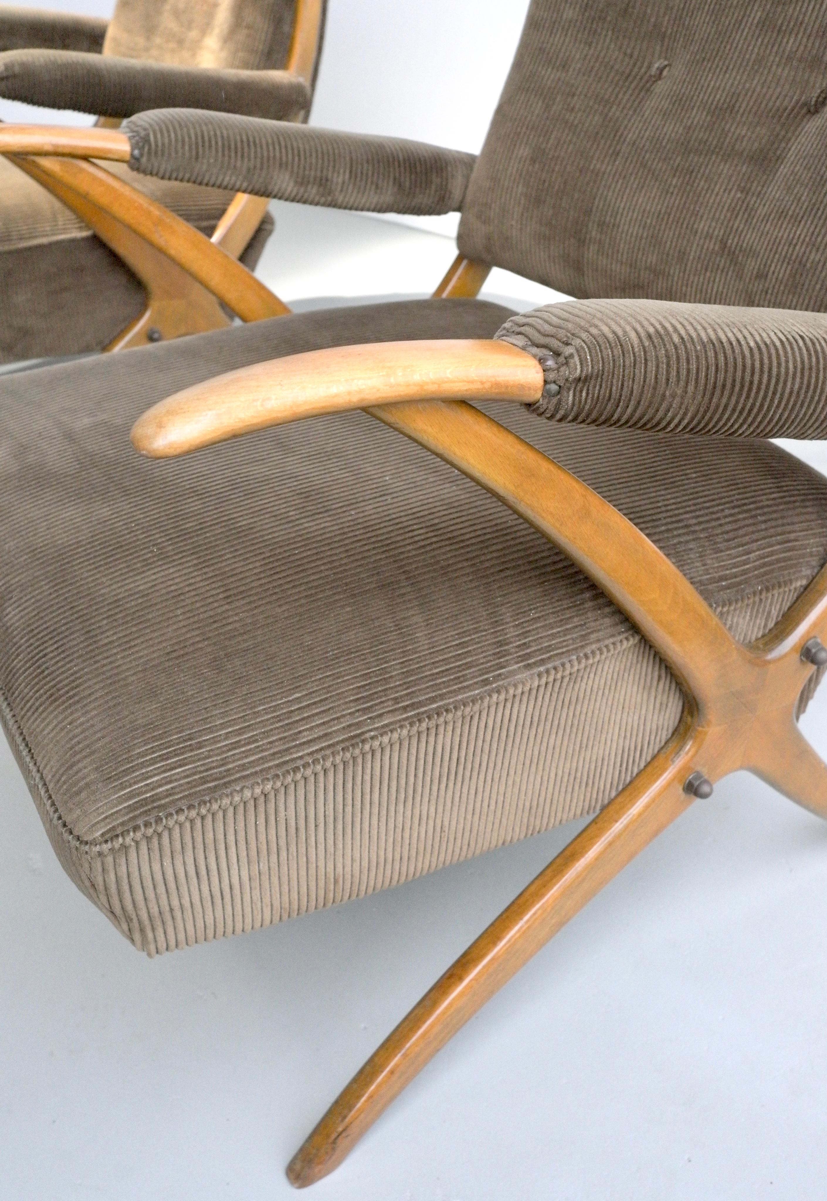 Mid-20th Century Rare Prof.Reinhold Stotz Pair of Wooden Curved Frame Lounge Chairs Germany 1950s