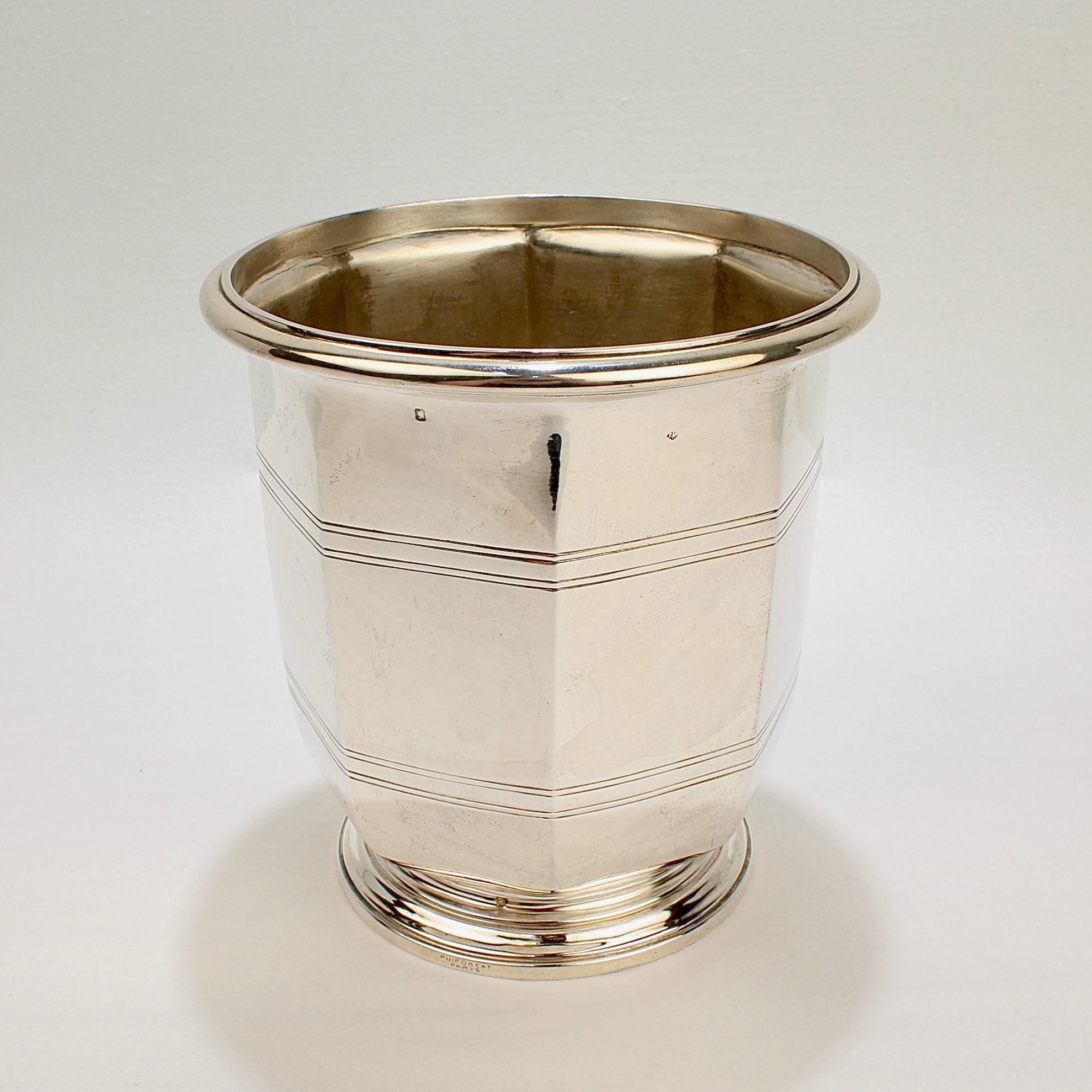 An exceptionally rare Puiforcat sterling silver wine bucket or champagne cooler.

Fully hallmarked and engraved with a block letter PUIFORCAT PARIS mark to the foot.

A rare and fine example of French Art Deco period craft and design!

Date:
Early