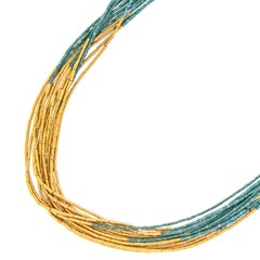 Rare-Pure 24 Karat Yellow Gold 12 Strand Liquid Turquoise Waterfall Necklace