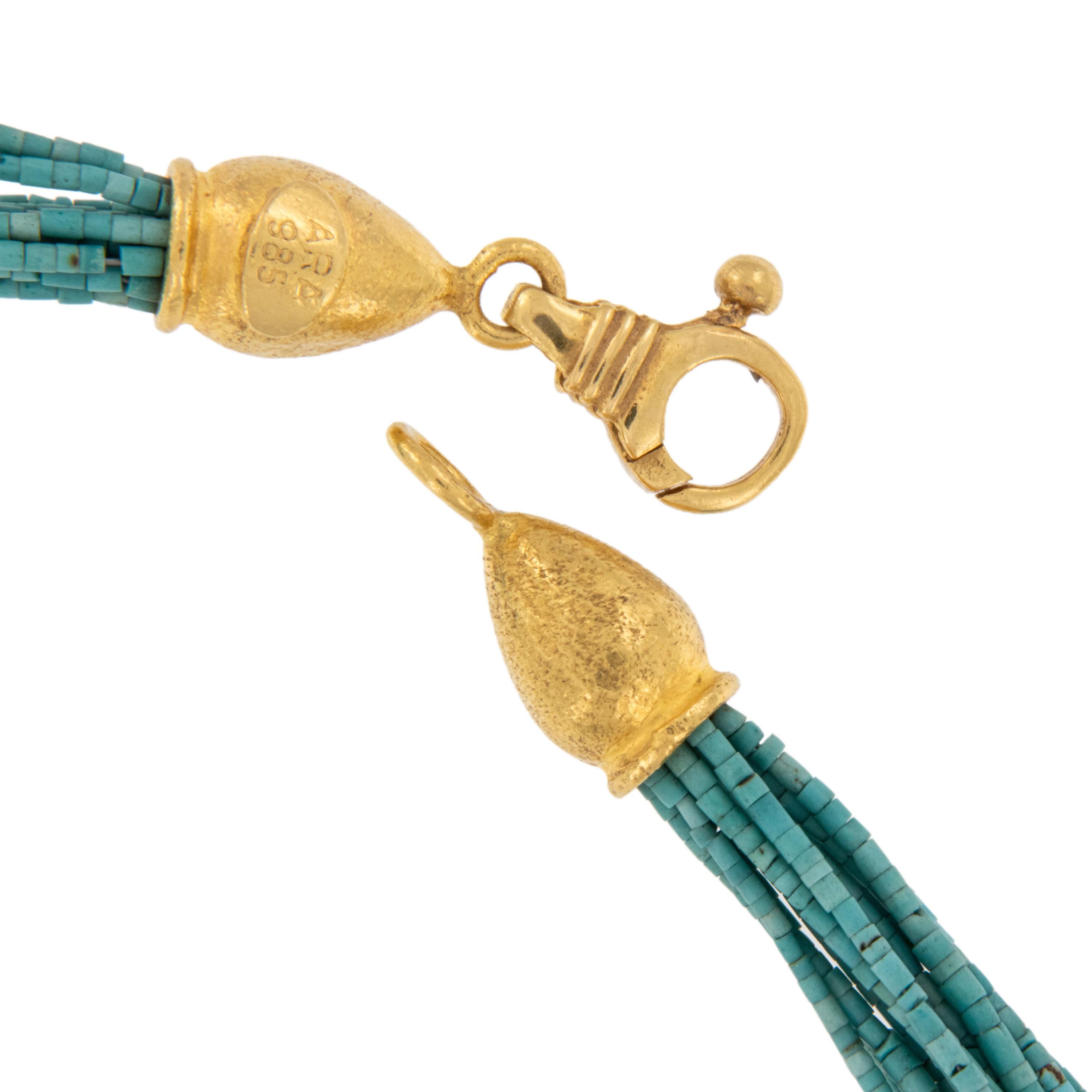 Raro-Collar de Oro Amarillo de 24 Kilates de 12 vueltas de Turquesa Líquida en Cascada Cuenta en venta