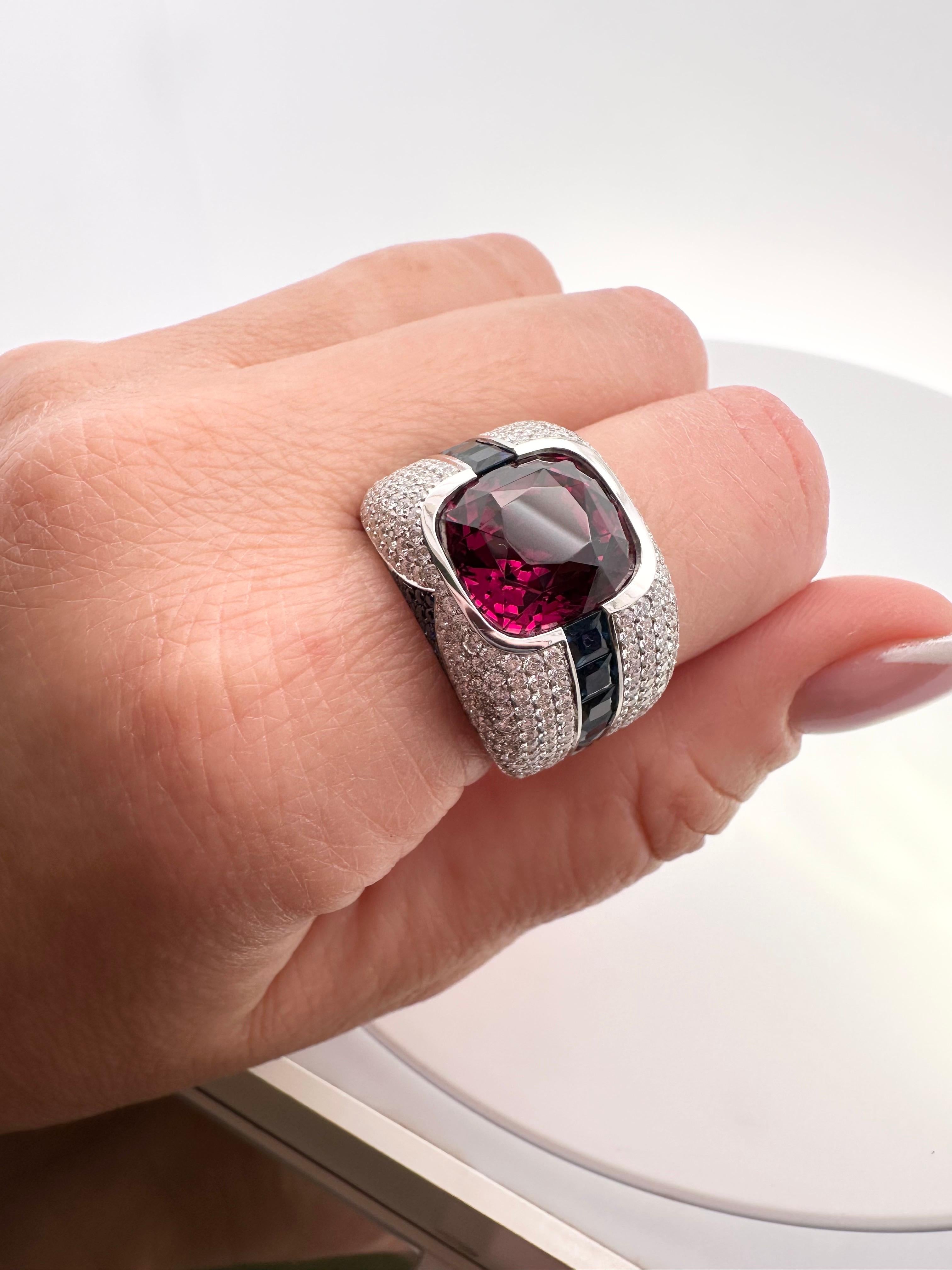 RARE purple GARNET ring 18KT white gold Diamond Sapphire cocktail ring In New Condition For Sale In Boca Raton, FL