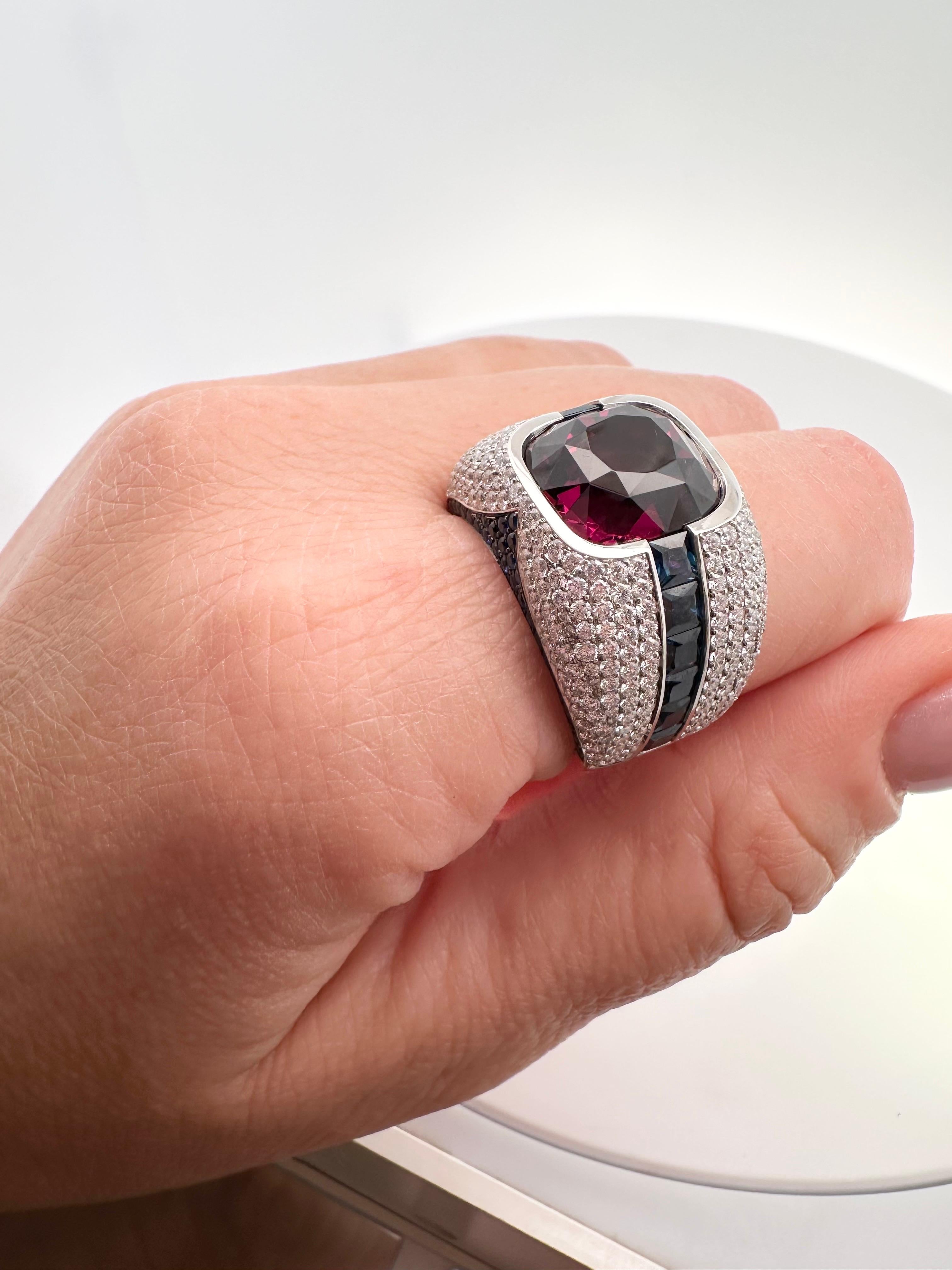 Women's or Men's RARE purple GARNET ring 18KT white gold Diamond Sapphire cocktail ring For Sale