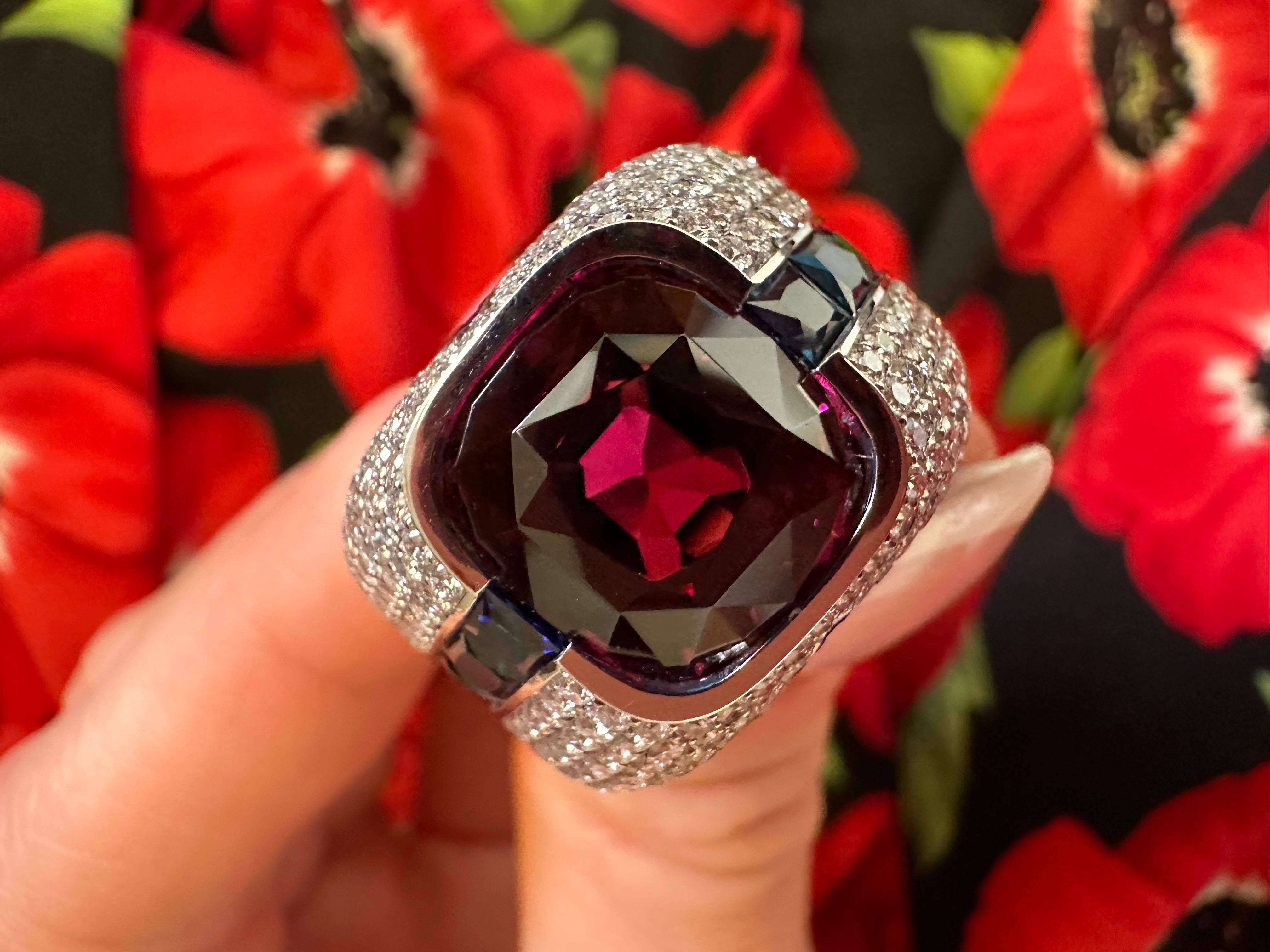 RARE purple GARNET ring 18KT white gold Diamond Sapphire cocktail ring For Sale 2