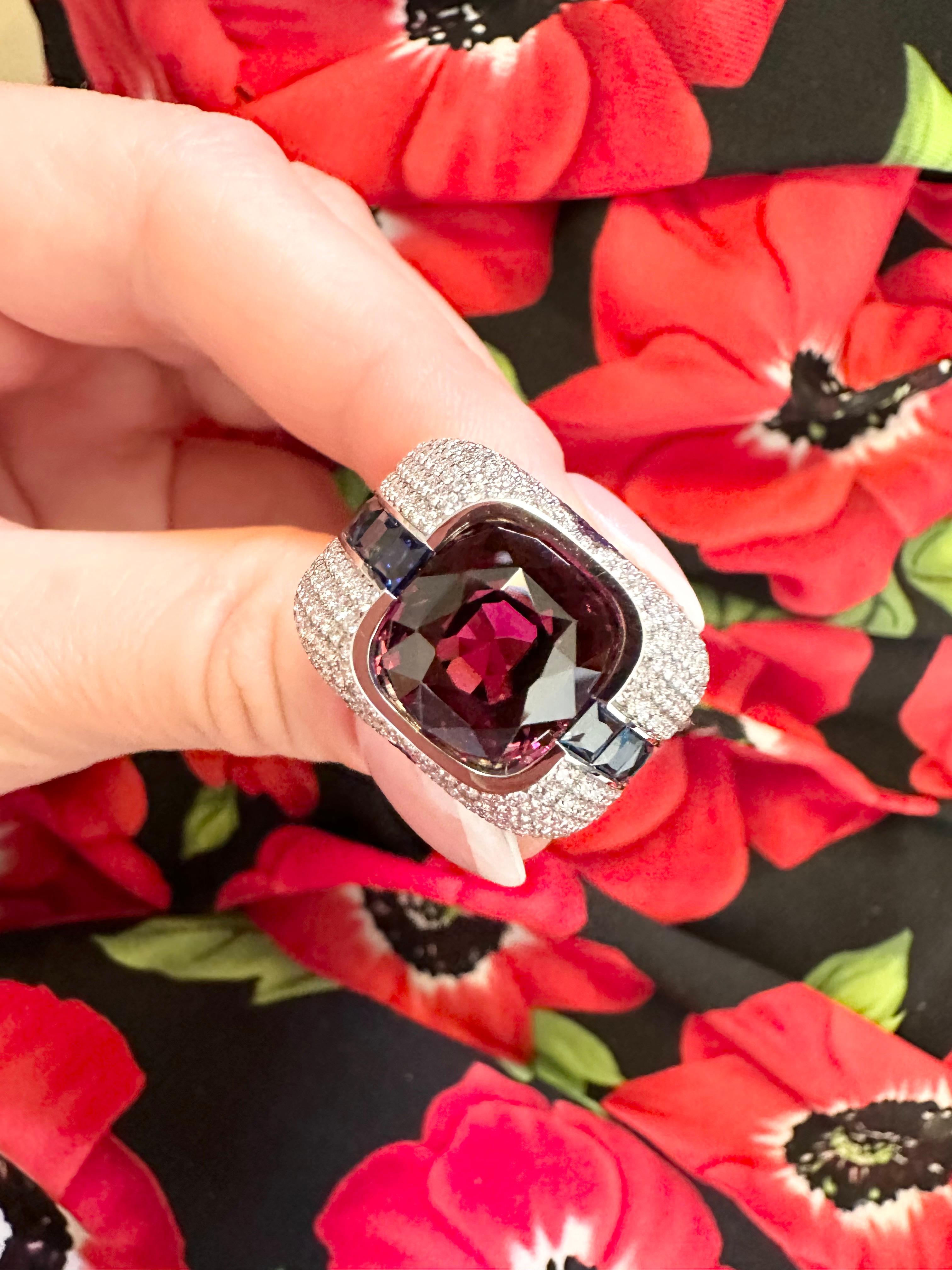 RARE purple GARNET ring 18KT white gold Diamond Sapphire cocktail ring For Sale 4