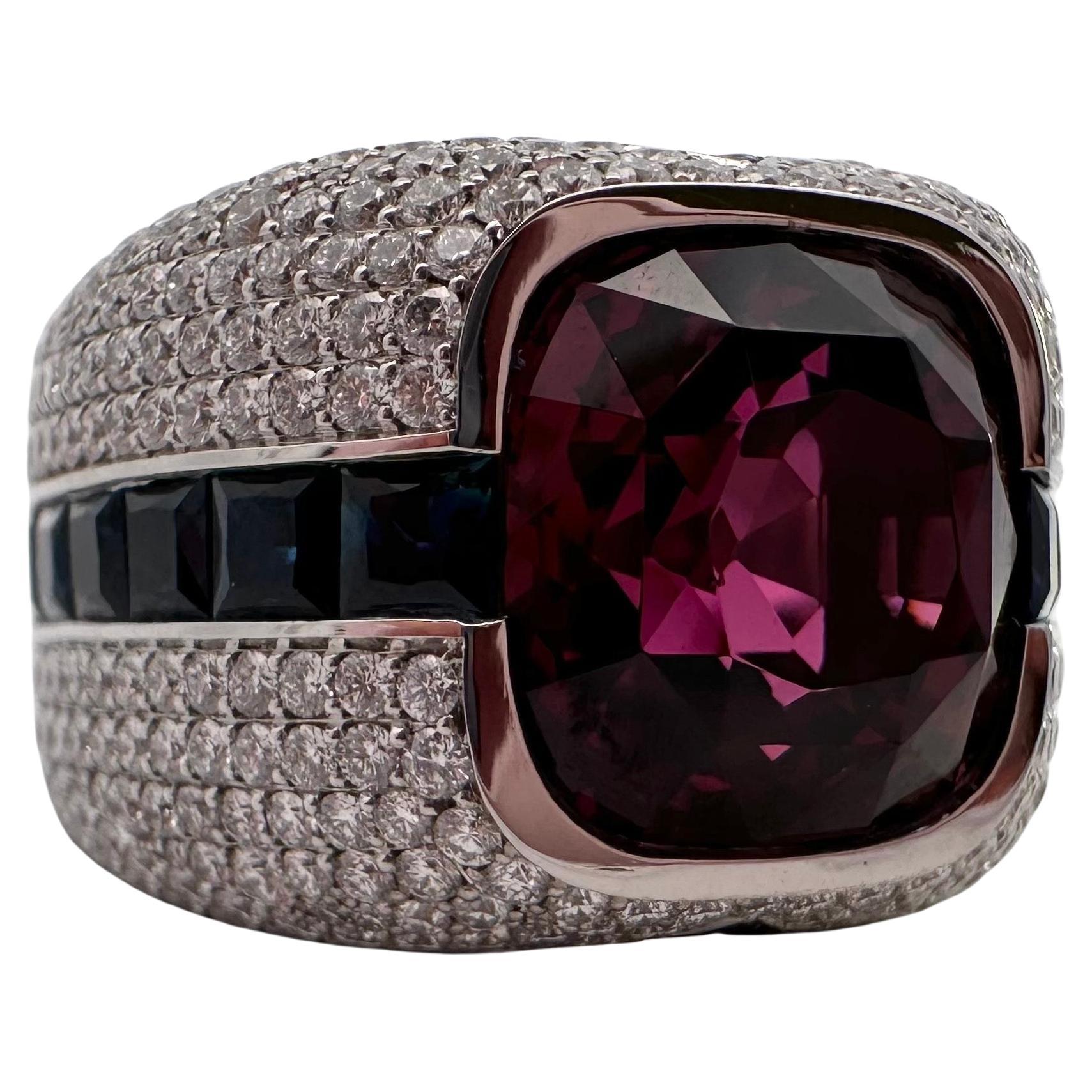 RARE purple GARNET ring 18KT white gold Diamond Sapphire cocktail ring