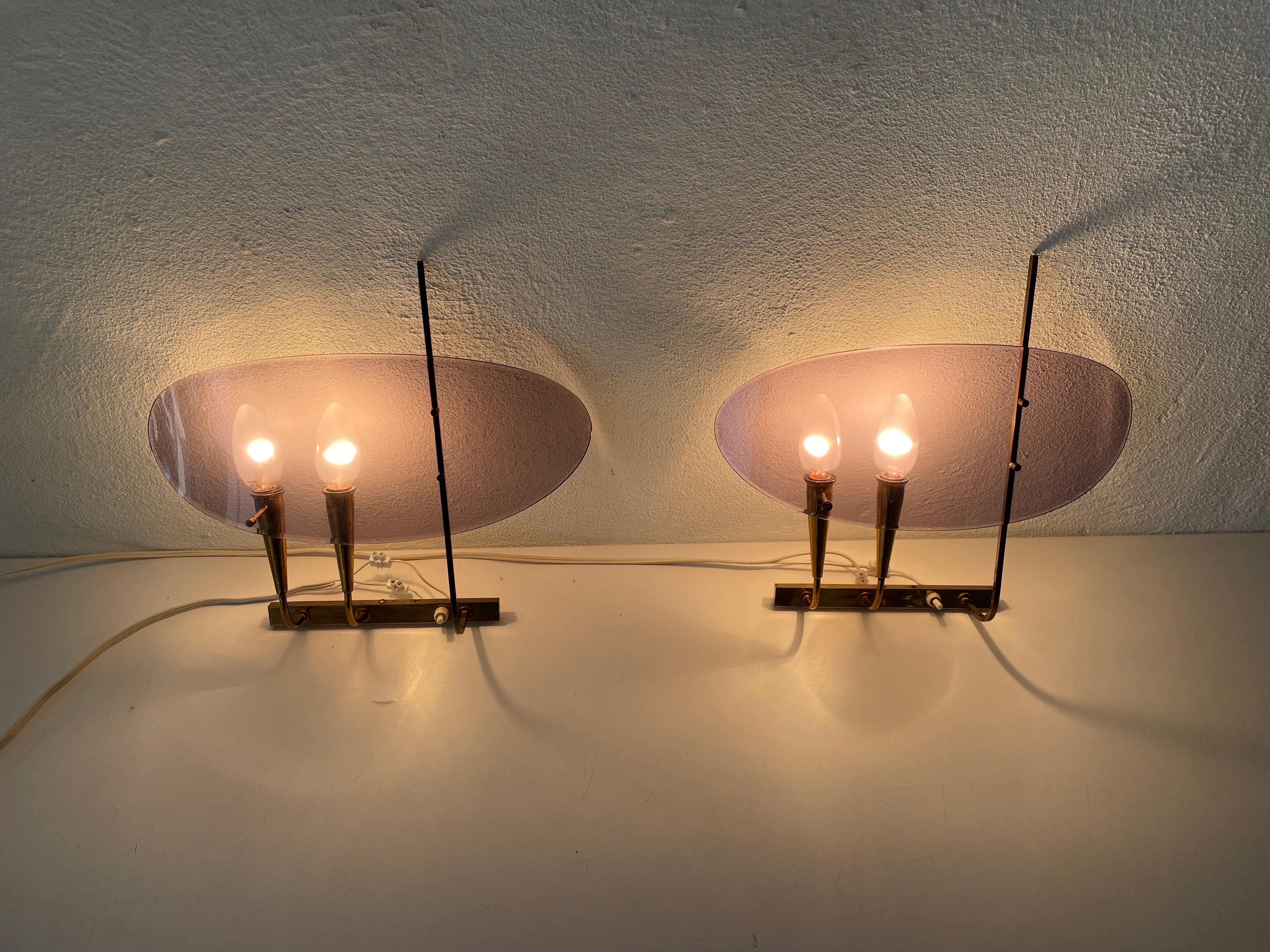 Rare Purple Lucite and Brass Pair of Sconces by Stilux Milano, 1950s, Italy For Sale 4
