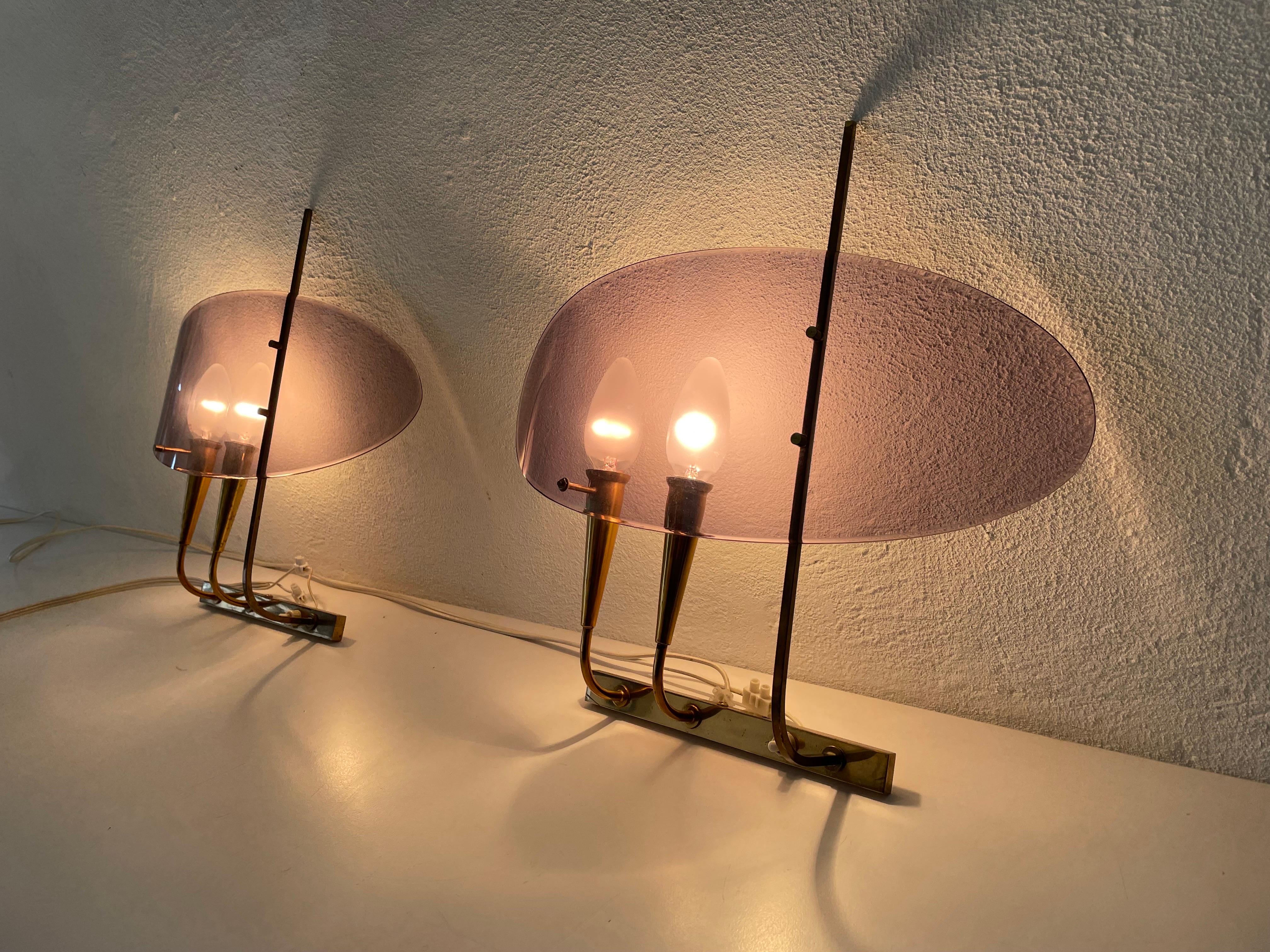 Rare Purple Lucite and Brass Pair of Sconces by Stilux Milano, 1950s, Italy For Sale 6