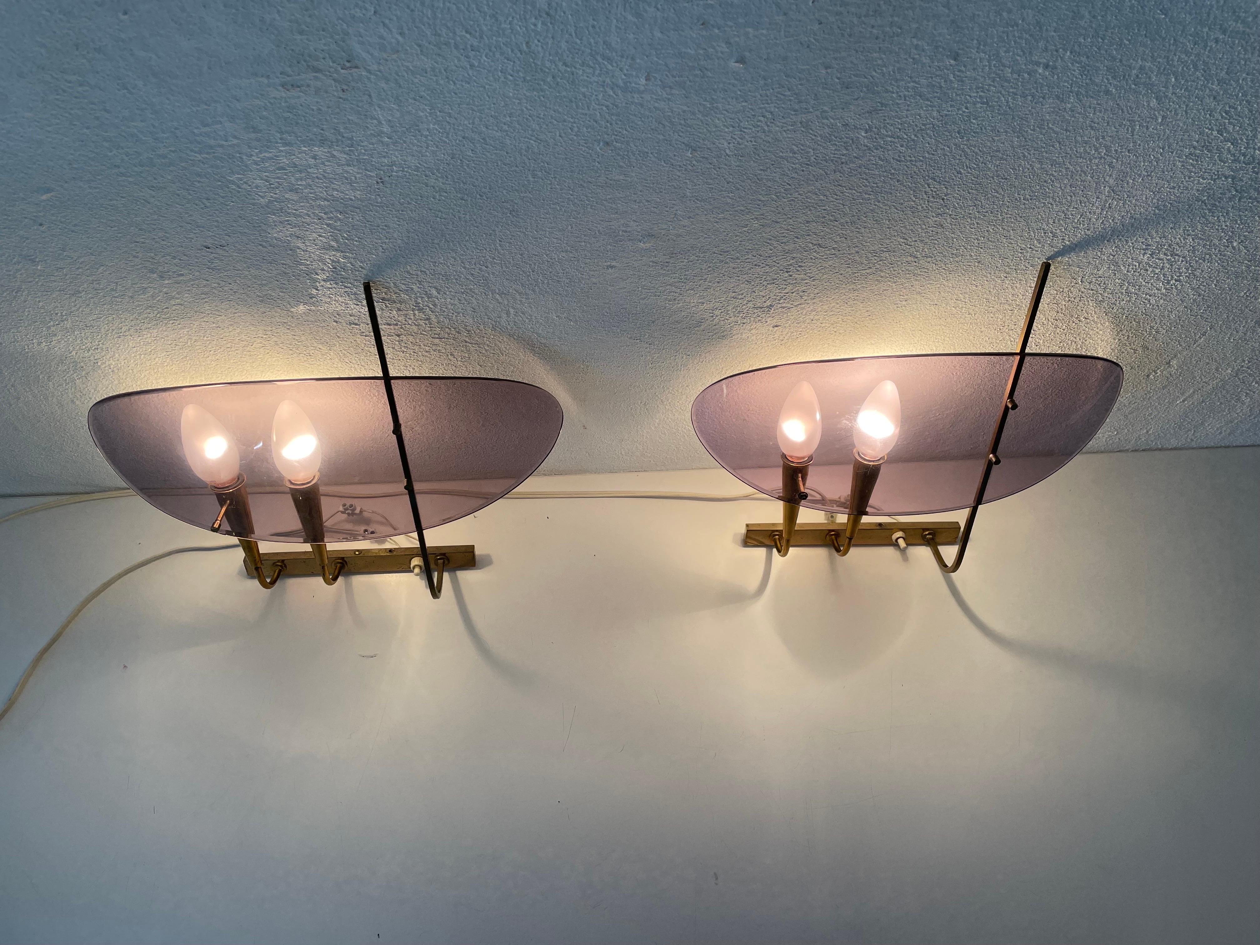 Rare Purple Lucite and Brass Pair of Sconces by Stilux Milano, 1950s, Italy For Sale 8