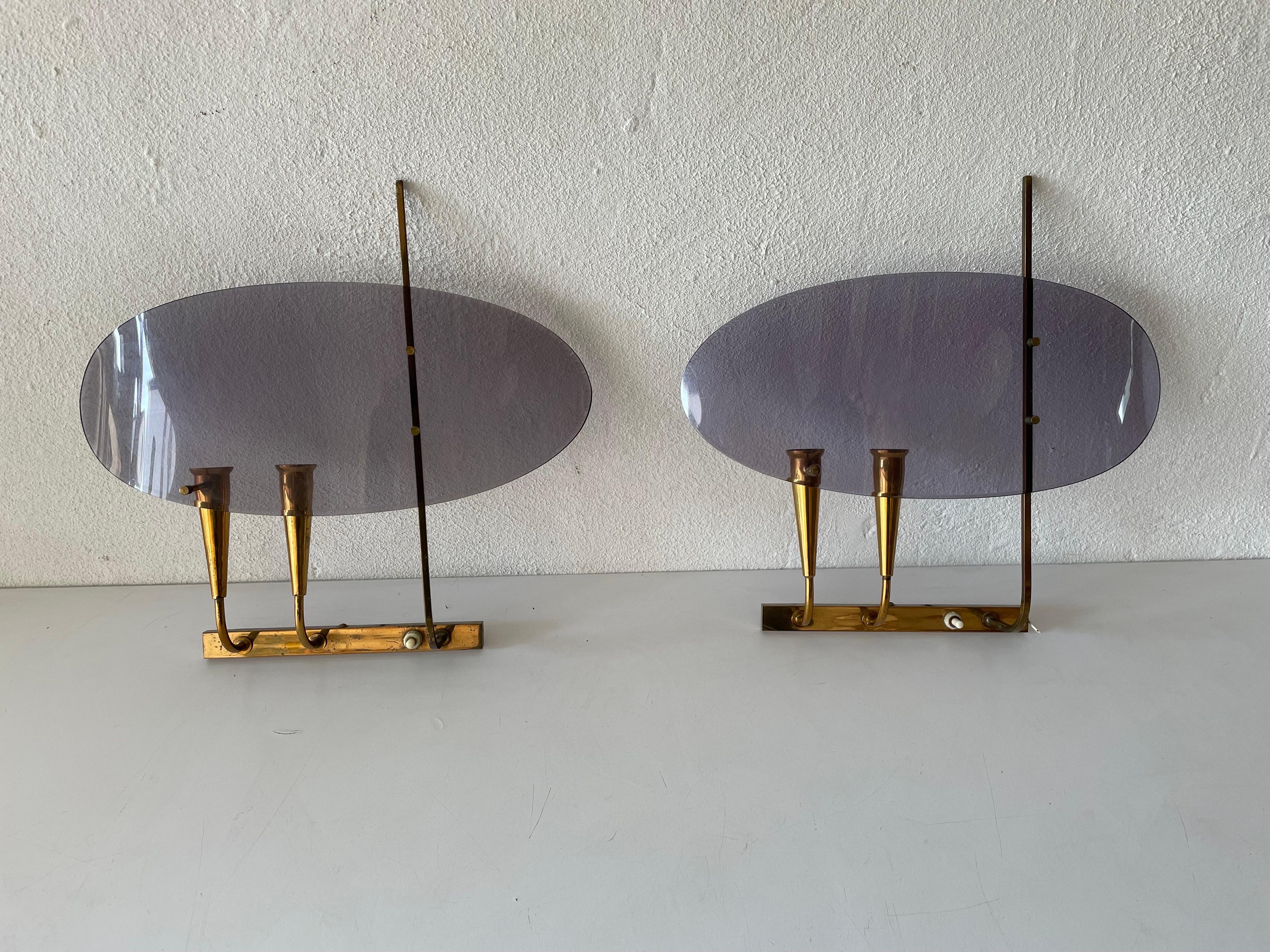 Italian Rare Purple Lucite and Brass Pair of Sconces by Stilux Milano, 1950s, Italy

Very elegant and Minimalist wall lamps.
Lamp is in very good condition.

These lamps works with E14 standard light bulbs. 
Wired and suitable to use in all