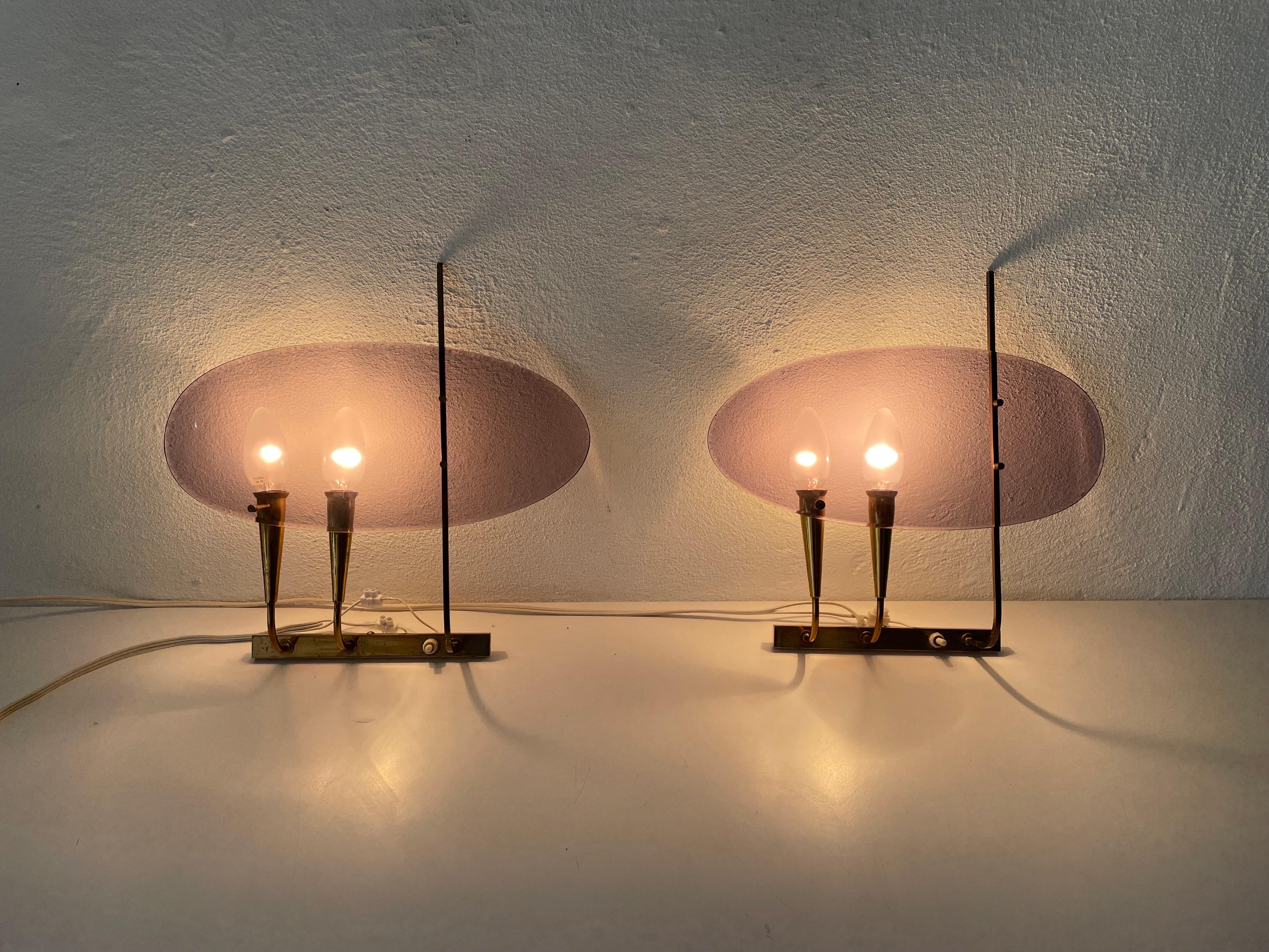 Rare Purple Lucite and Brass Pair of Sconces by Stilux Milano, 1950s, Italy For Sale 2