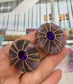 Rare Purple Sea Urchin Shell 14K Yellow Gold Amethyst Statement Earrings by MAZ