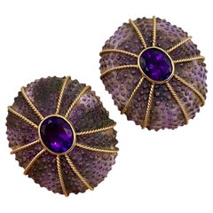Rare Purple Sea Urchin Shell 14K Yellow Gold Amethyst Statement Earrings by MAZ
