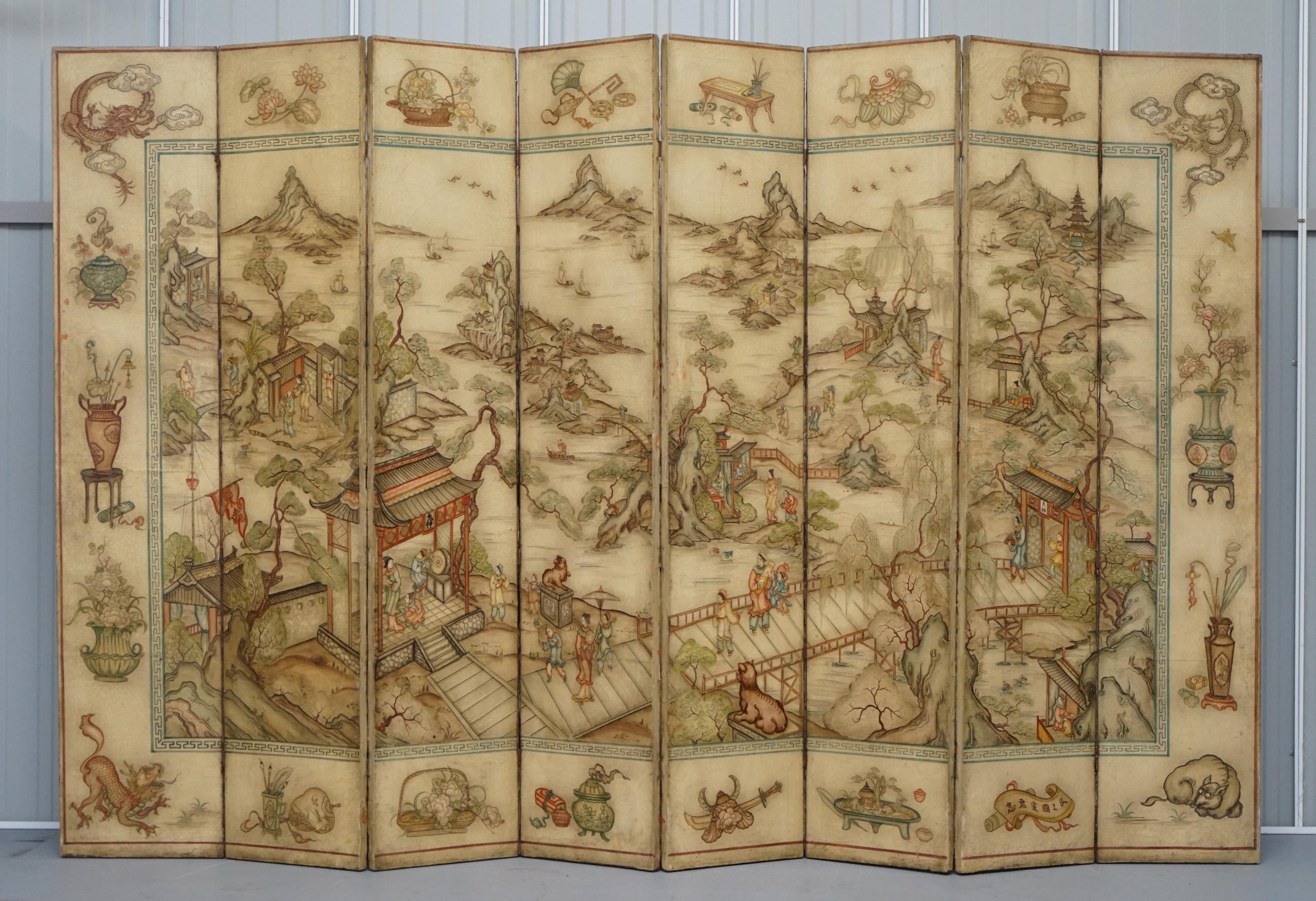 We are delighted to offer for sale this stunning original 1900-1920 Qing Dynasty hand painted canvas Chinese eight-panel folding screen 

In terms of restoration absolutely nothing has been done to it and it is 100%