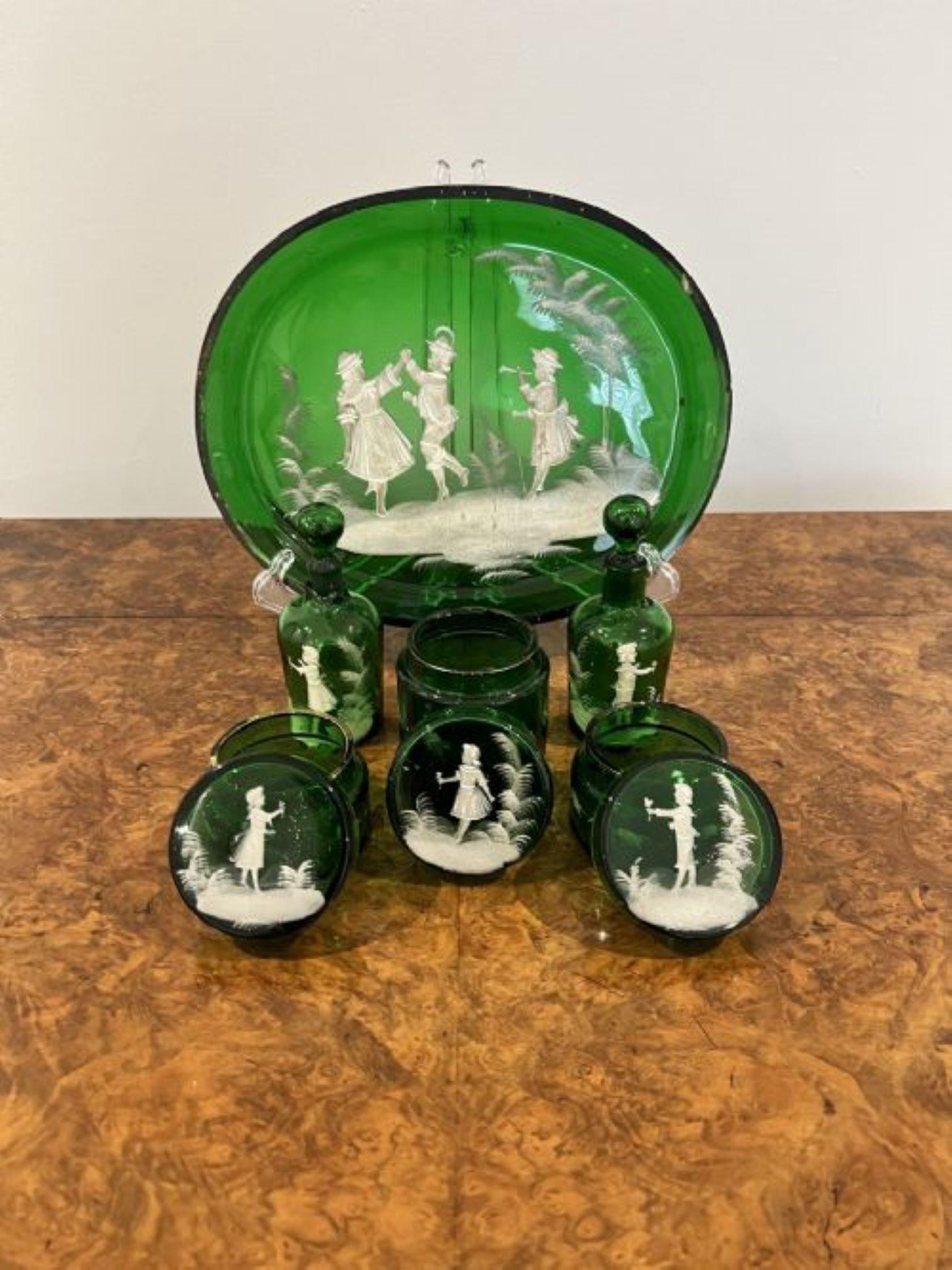 Rare quality antique Victorian Mary Gregory green dressing table set having an unusual antique Victorian Mary Gregory dressing table set, Green glass with fantastic white enamel decoration comprising of a tray, two scent bottles and three jars and
