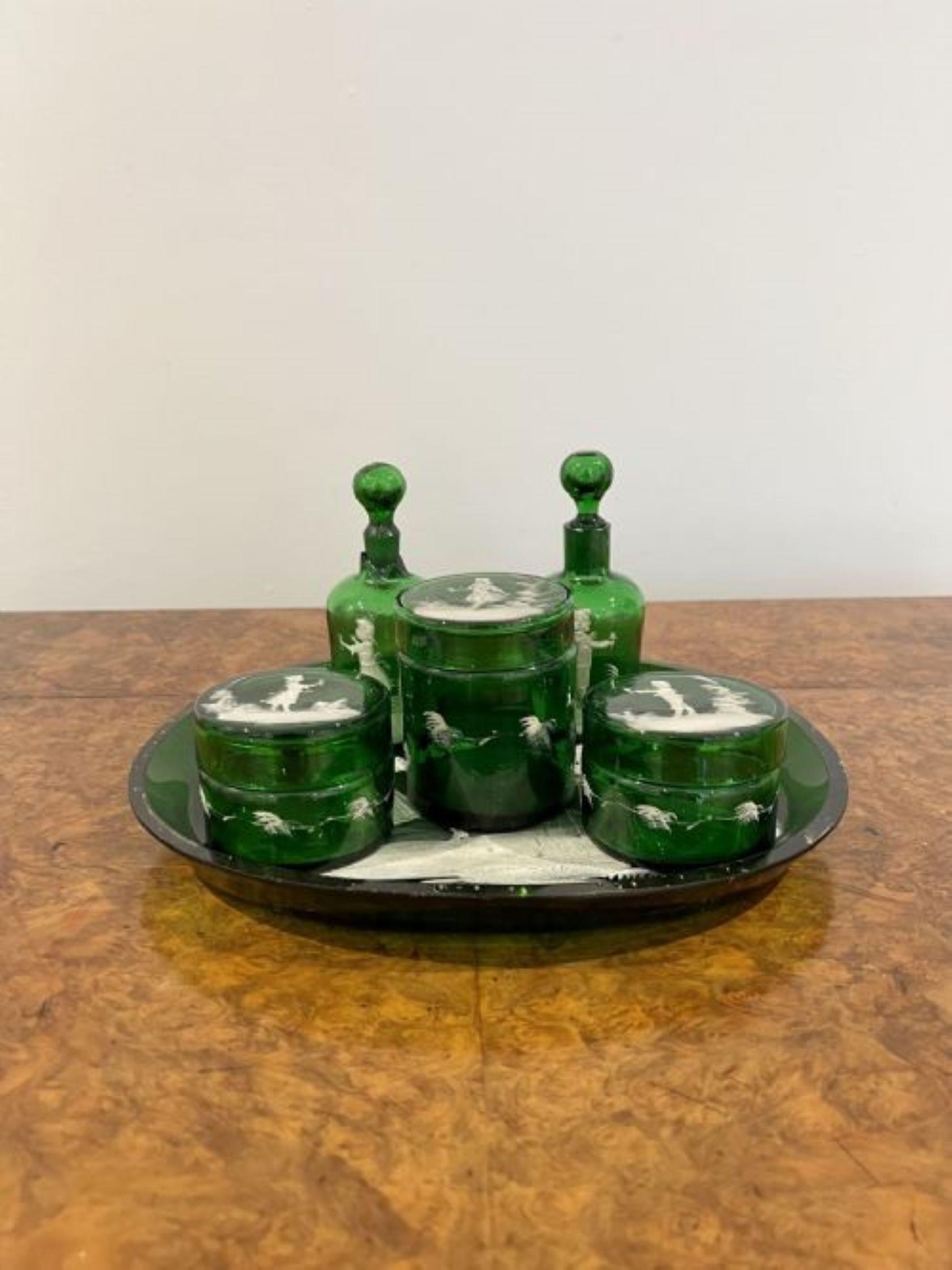 19th Century Rare quality antique Victorian Mary Gregory green dressing table set  For Sale