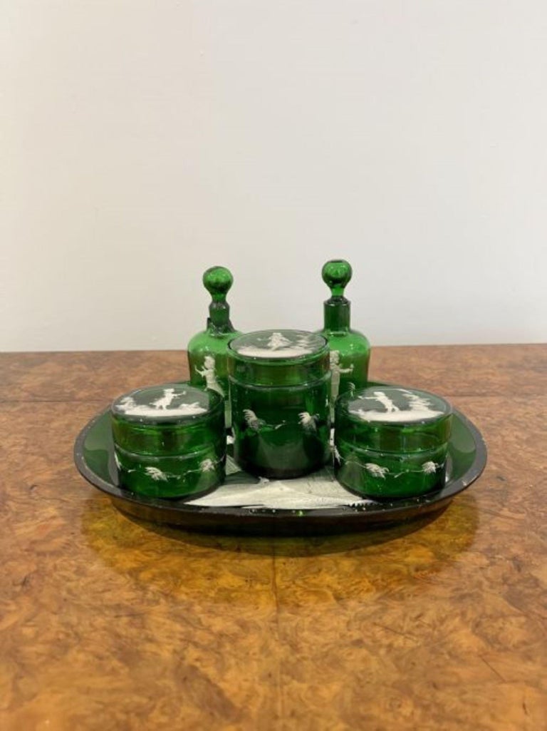 Rare quality antique Victorian Mary Gregory green dressing table set Rare quality antique Victorian Mary Gregory green dressing table set