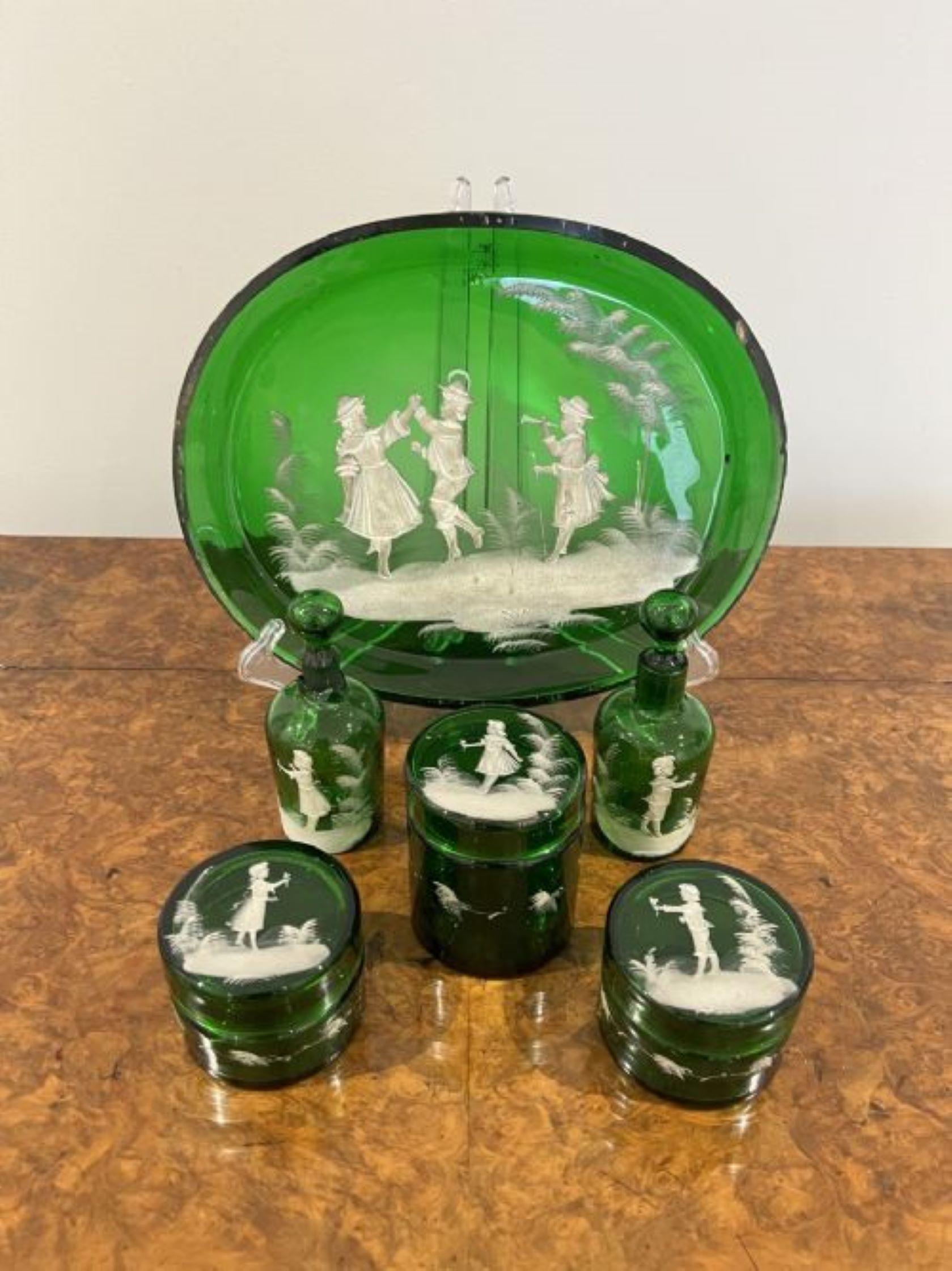 Glass Rare quality antique Victorian Mary Gregory green dressing table set  For Sale