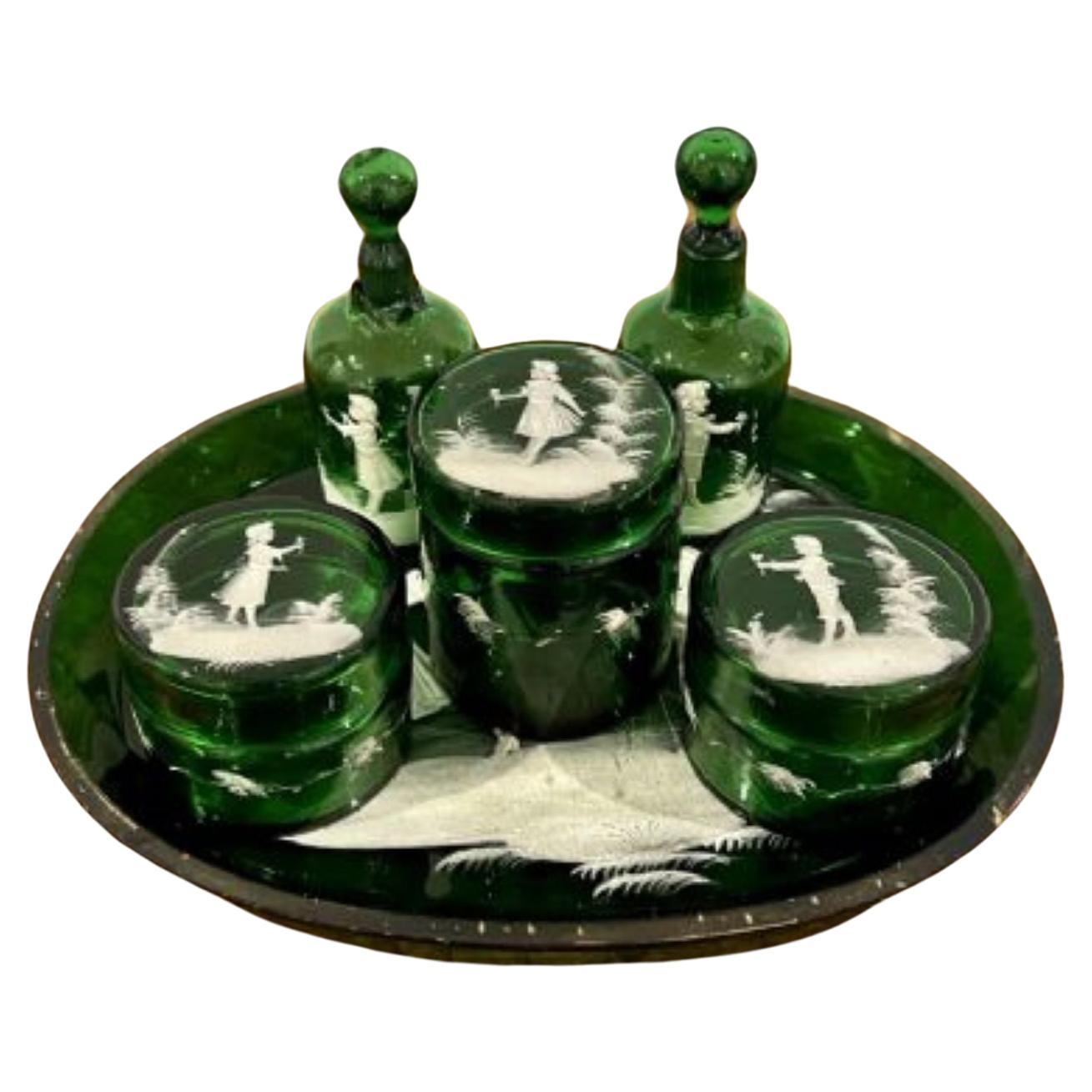 Rare quality antique Victorian Mary Gregory green dressing table set 
