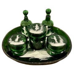Juego de tocador verde Mary Gregory Victoriano antiguo de rara calidad