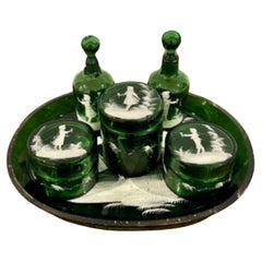 Rare quality Antique Victorian Mary Gregory green dressing table set 