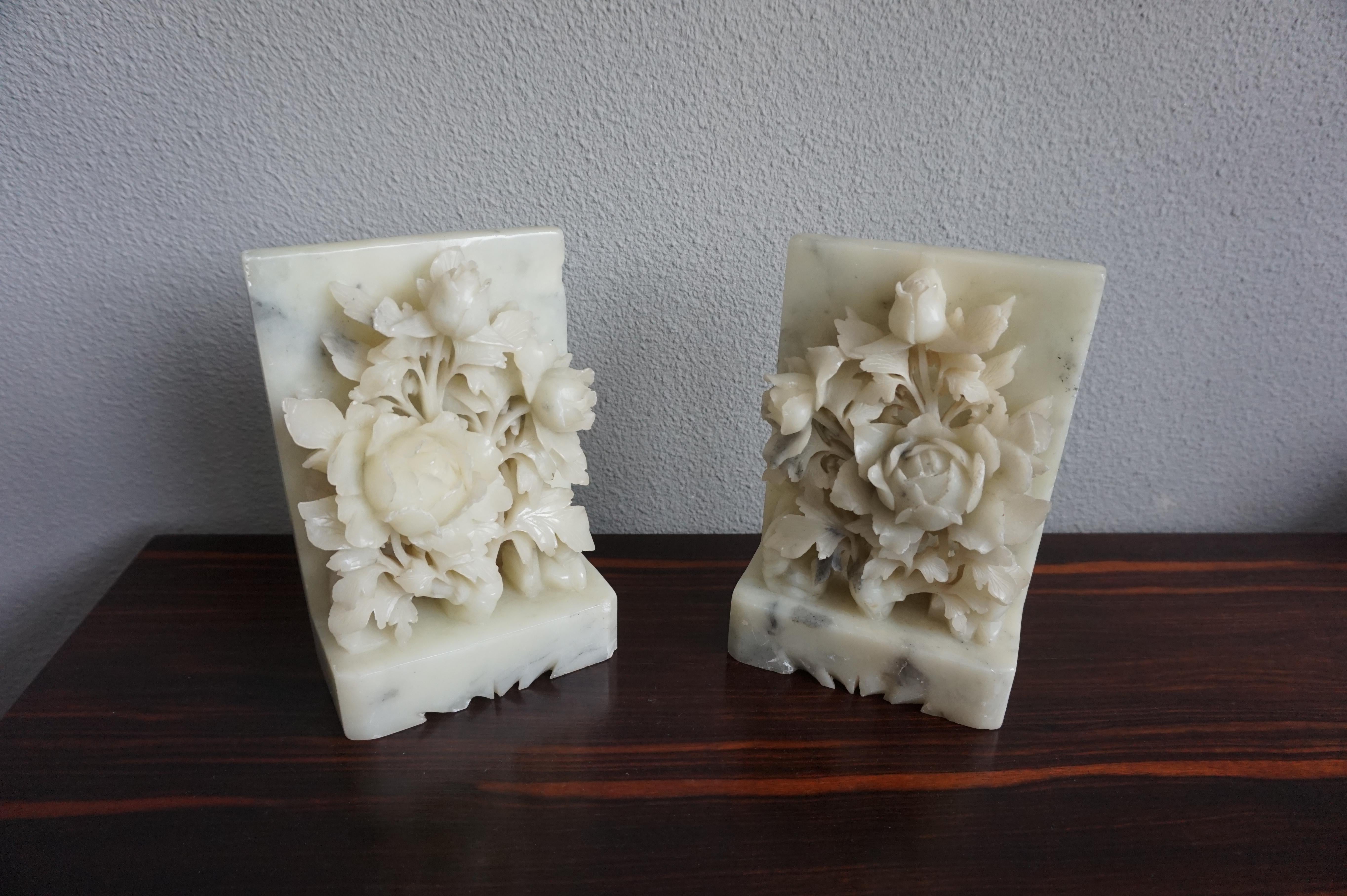 Hand-Carved Rare and Quality Carved Late 19th Century Pair of Alabaster Rose Bush Bookends