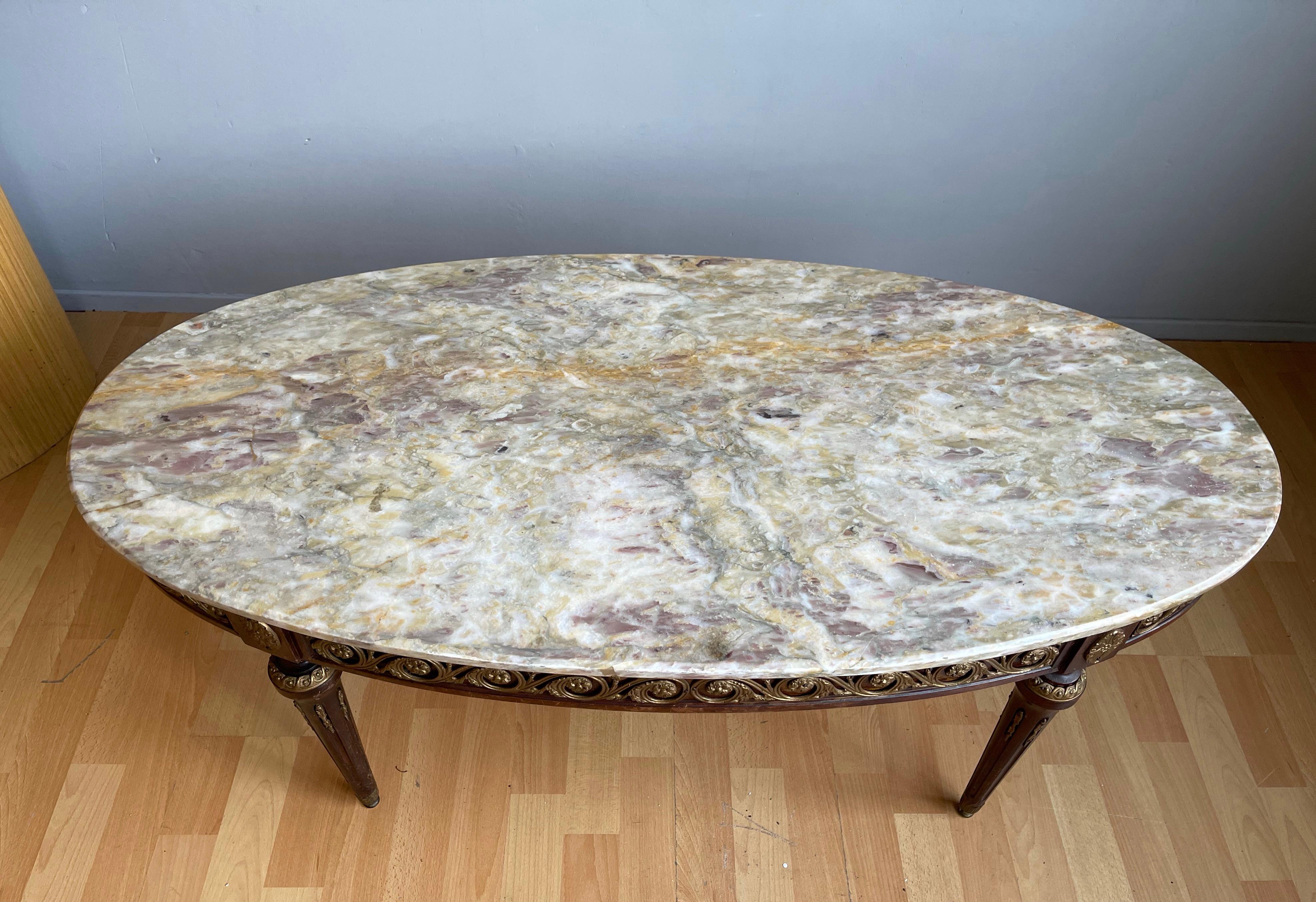 Rare Quality Wood & Bronze Louis XVI Style Coffee Table with Colorful Marble Top For Sale 12