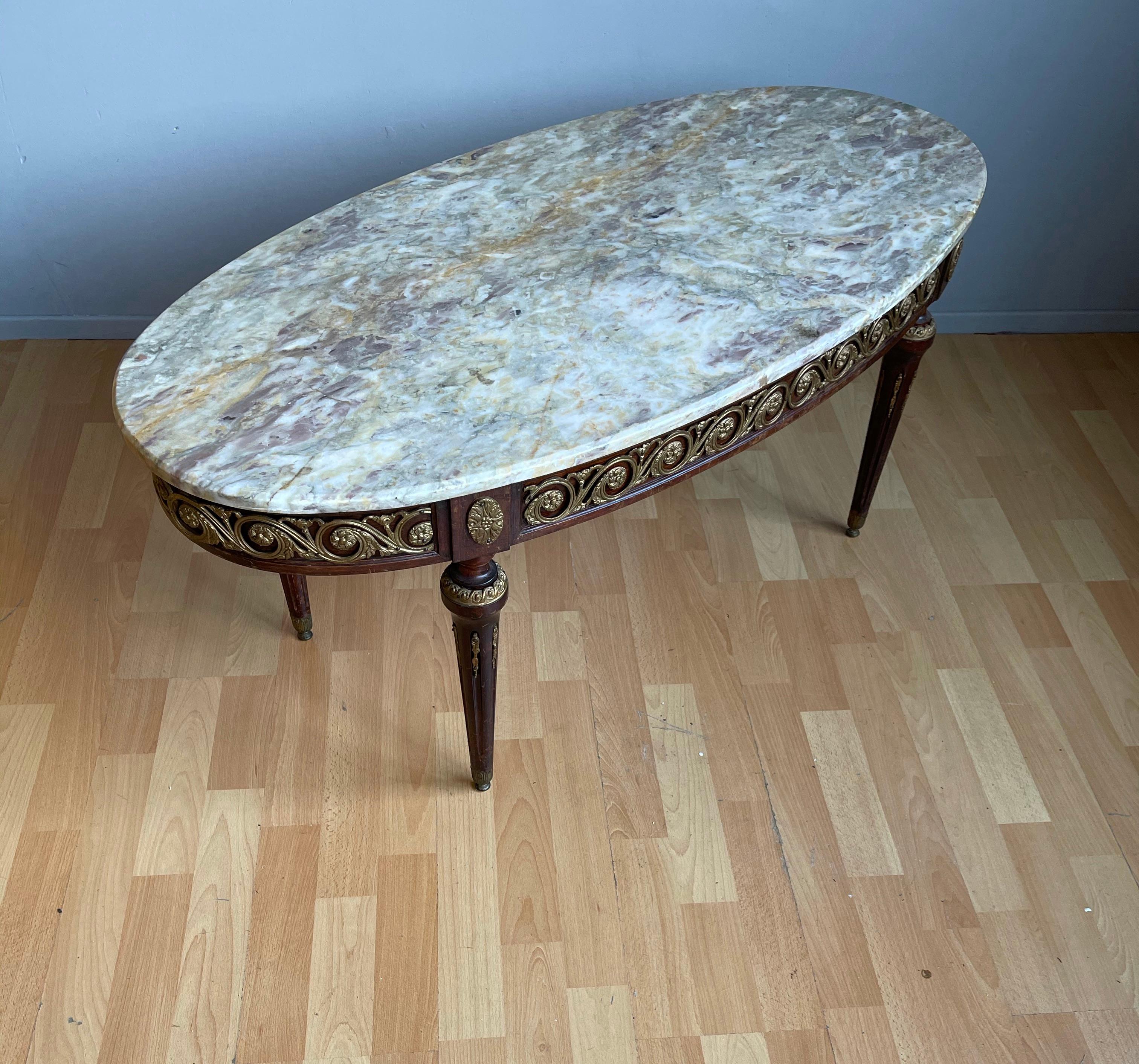 French Rare Quality Wood & Bronze Louis XVI Style Coffee Table with Colorful Marble Top For Sale