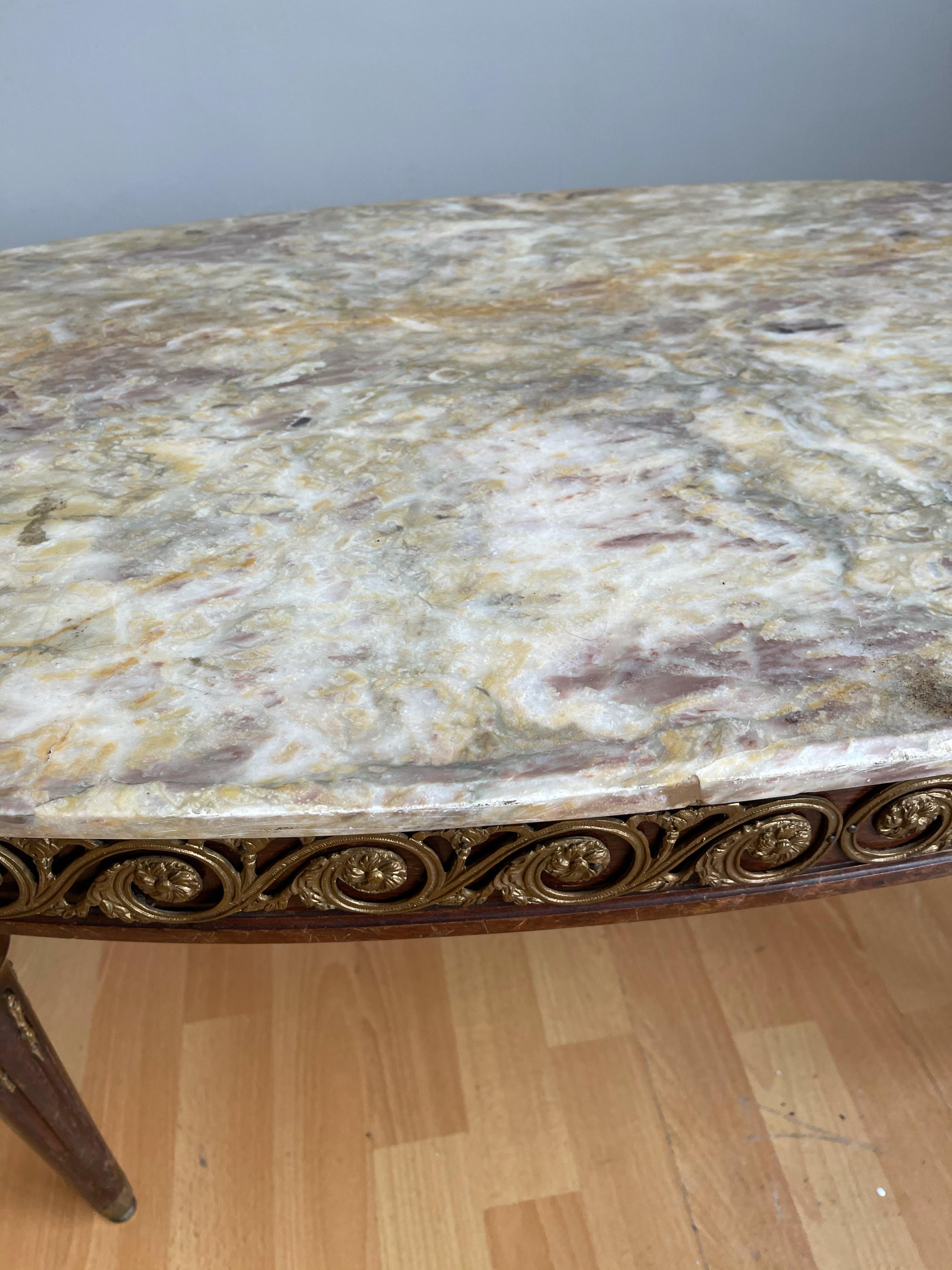 20th Century Rare Quality Wood & Bronze Louis XVI Style Coffee Table with Colorful Marble Top For Sale
