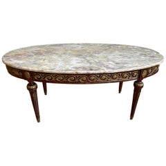 Vintage Rare Quality Wood & Bronze Louis XVI Style Coffee Table with Colorful Marble Top
