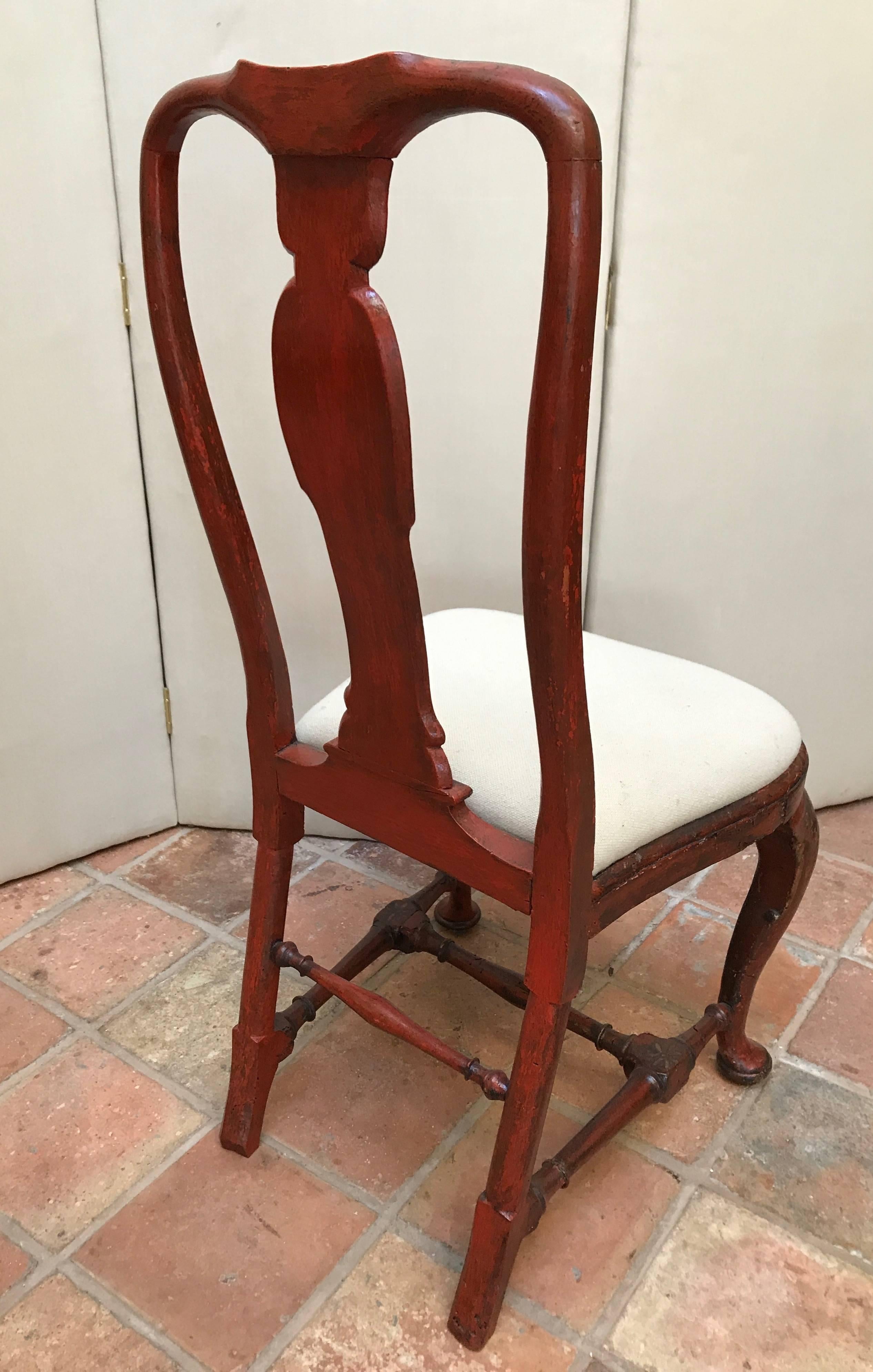English 18th Century Queen Anne Period Red Lacquer and Gold Gilt Side Chair