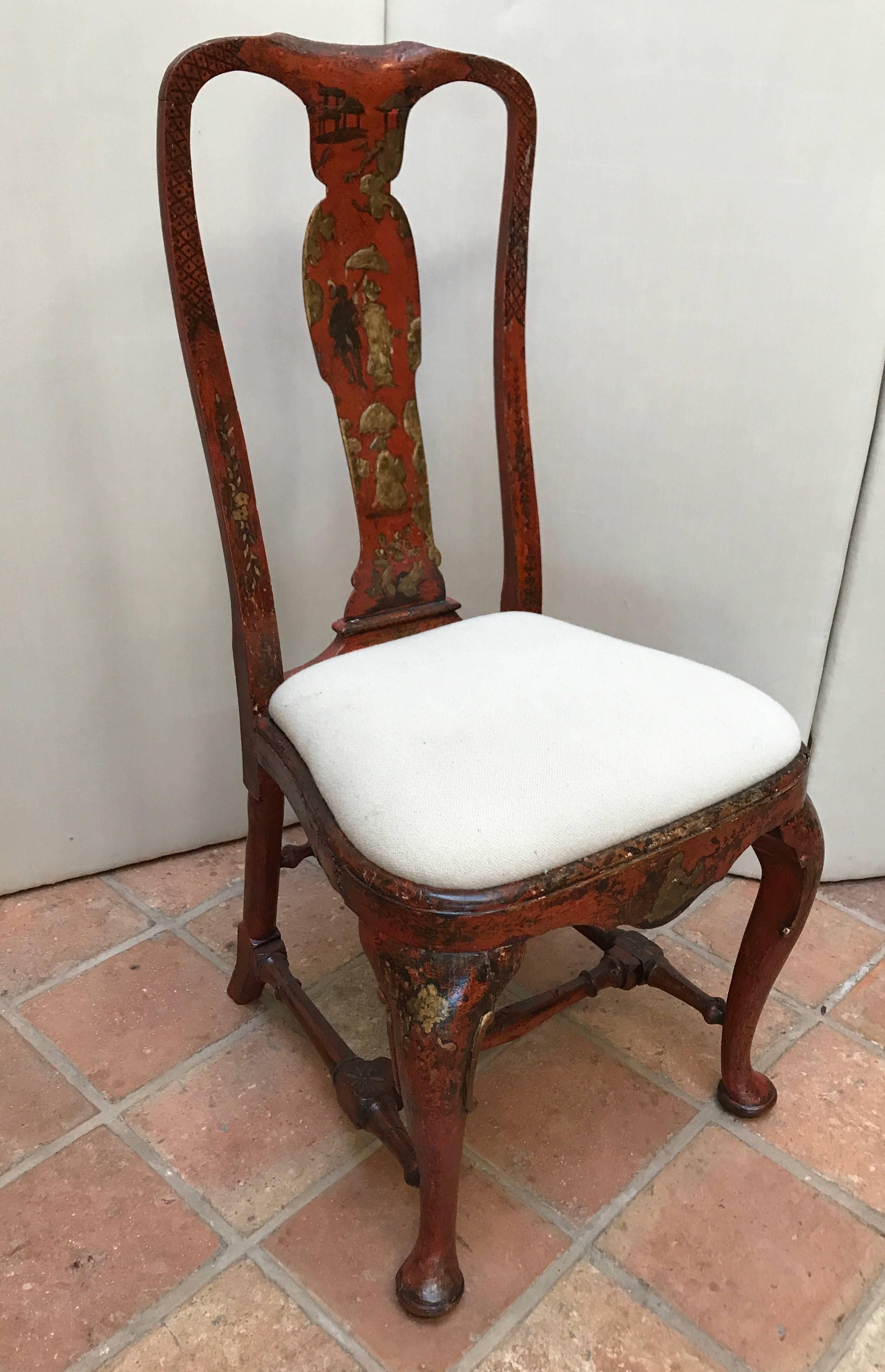 Hand-Crafted 18th Century Queen Anne Period Red Lacquer and Gold Gilt Side Chair