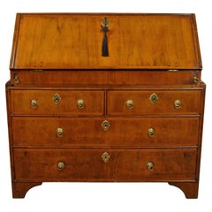 Antique Rare Queen Anne Walnut Feather-Banded Bureau with Original Handles, c. 1715