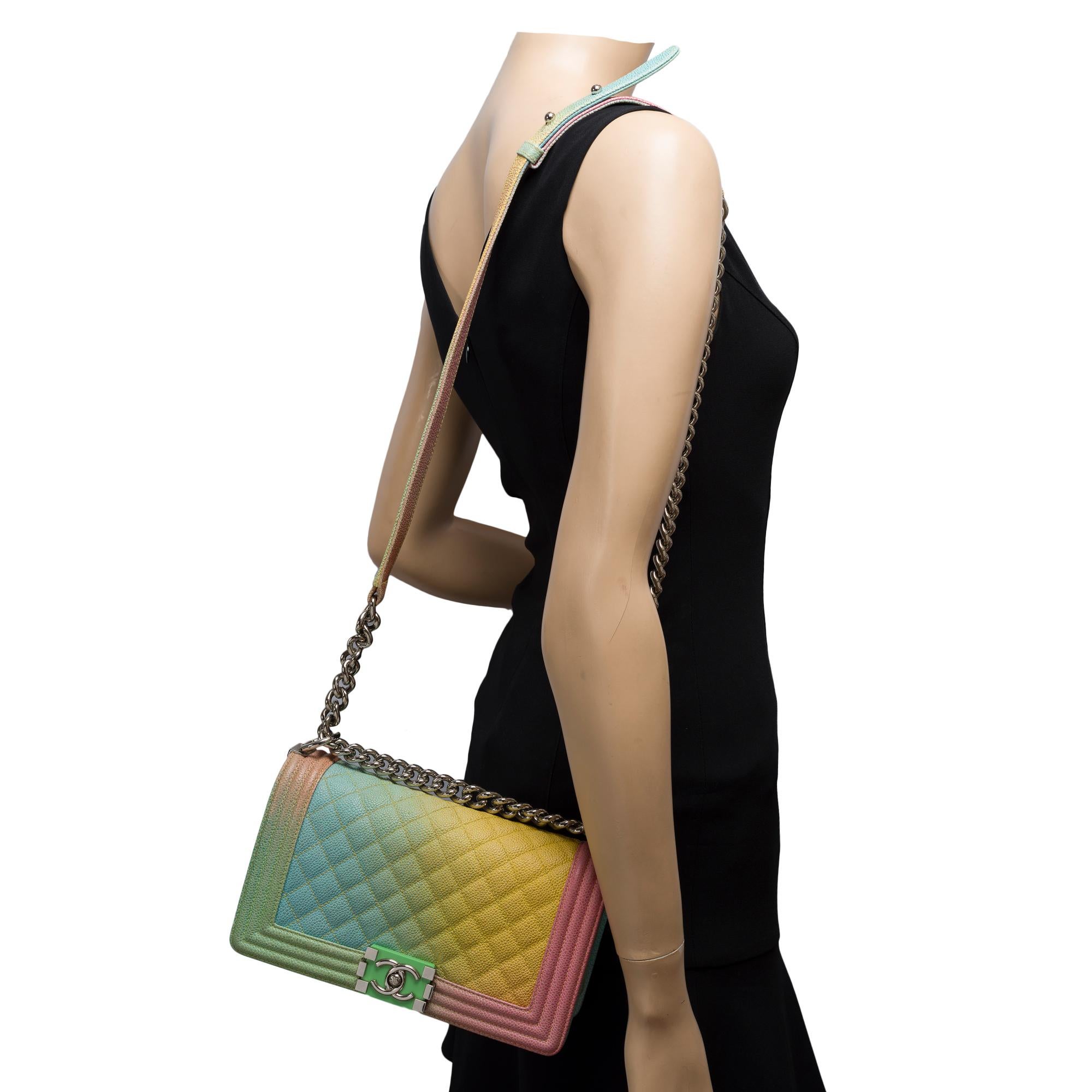 Rare Rainbow Chanel Boy medium shoulder bag in multicolor Caviar leather, PHW For Sale 7