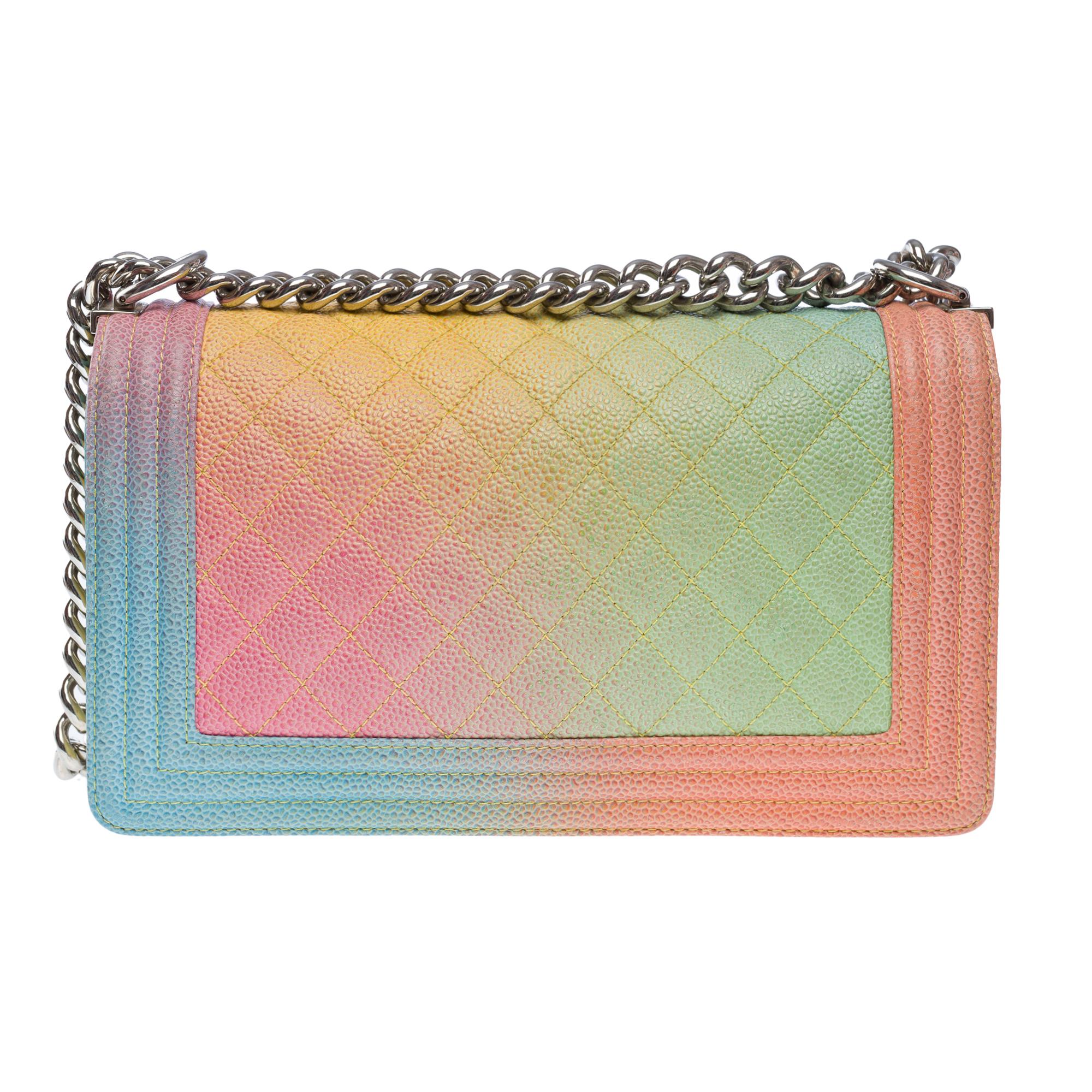 Beige Rare Rainbow Chanel Boy medium shoulder bag in multicolor Caviar leather, PHW For Sale