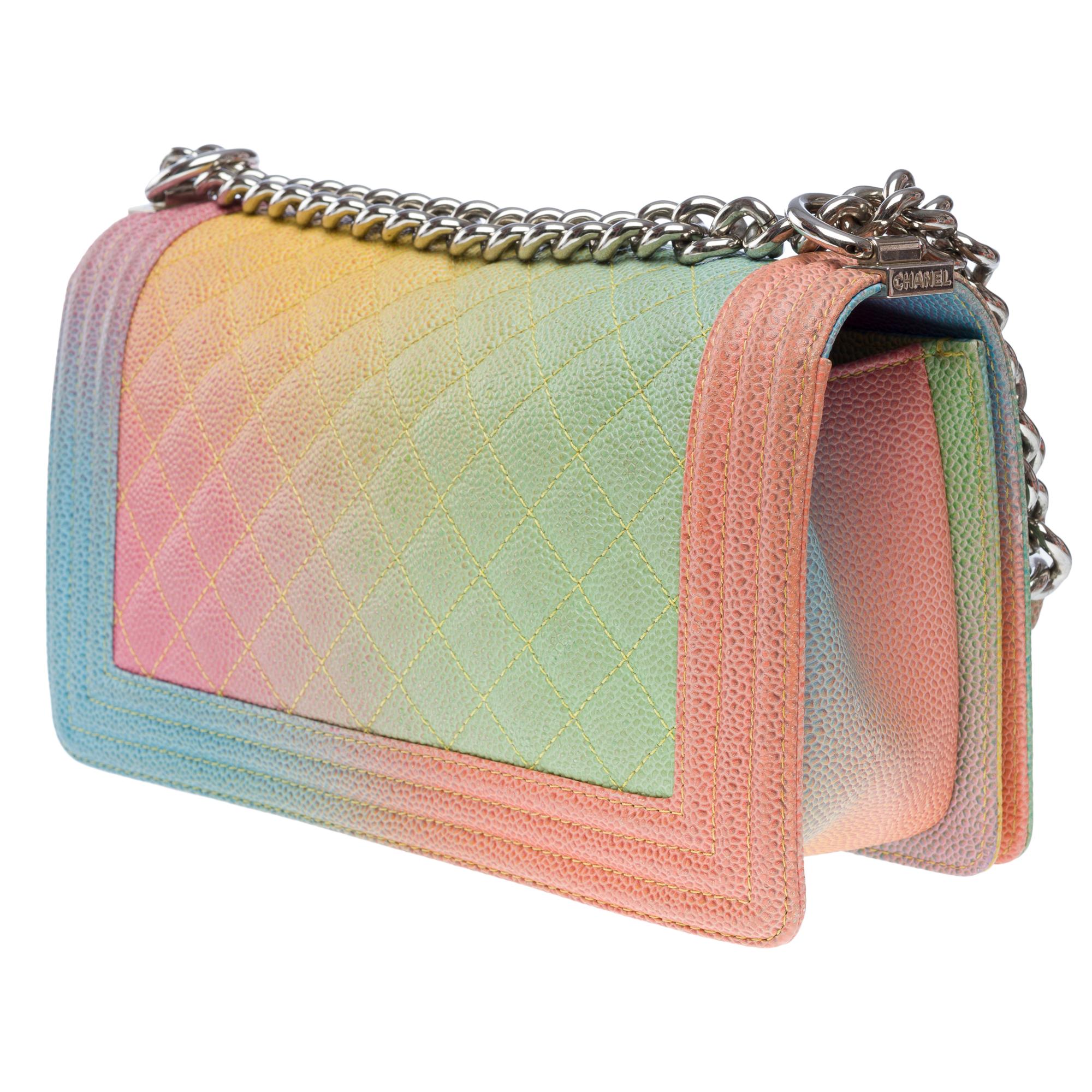 Women's Rare Rainbow Chanel Boy medium shoulder bag in multicolor Caviar leather, PHW For Sale