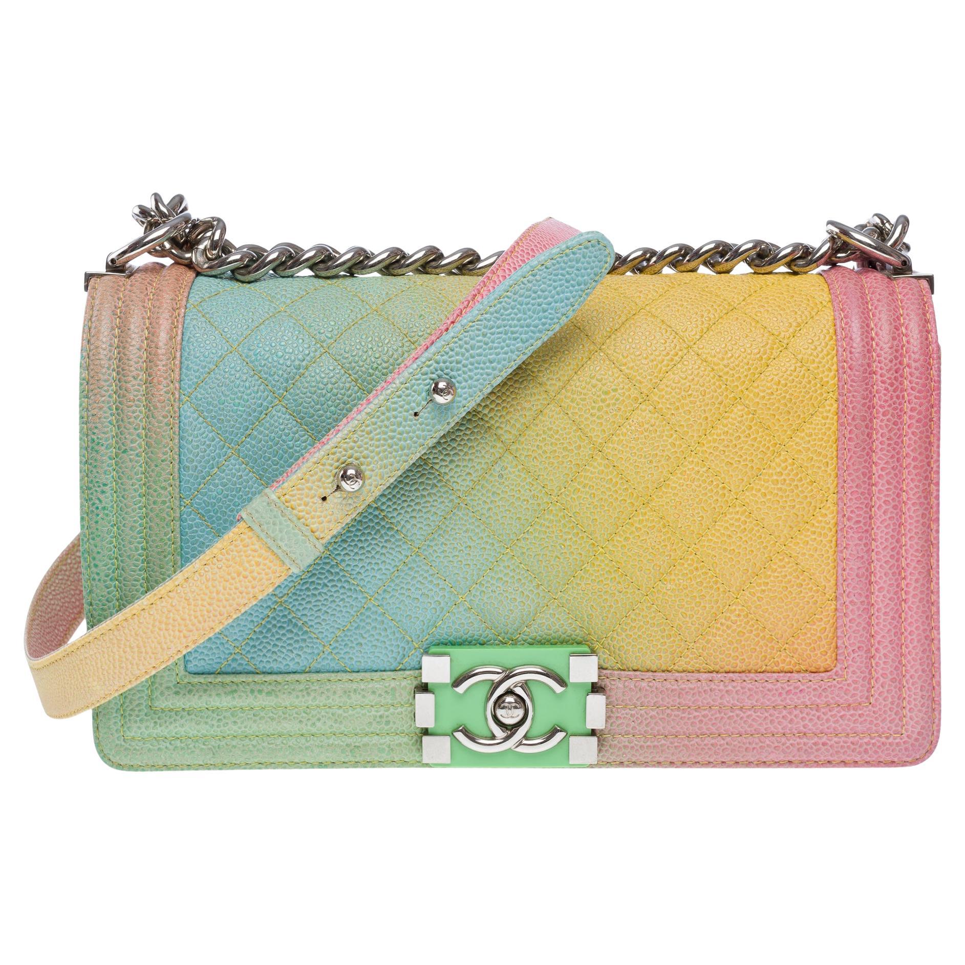 Rare Rainbow Chanel Boy medium shoulder bag in multicolor Caviar leather, PHW For Sale