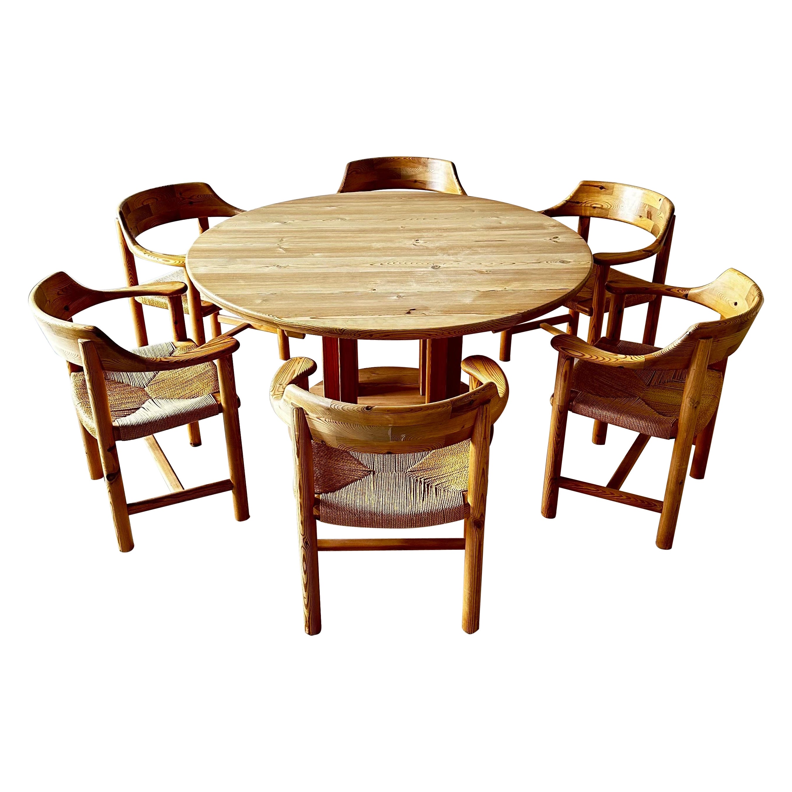 Rare Rainer Daumiller Solid Pine Dining Room Set, Sweden, 1970s For Sale