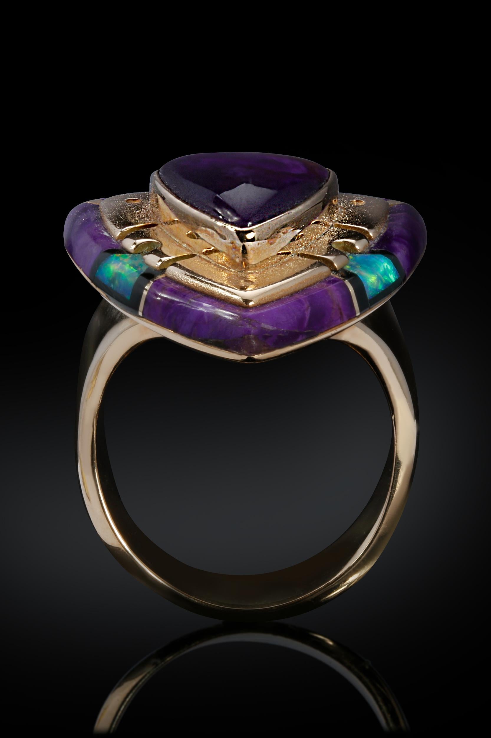 Mixed Cut Rare Raoul Sosa Sugilite and Opal Arrowhead Ring For Sale