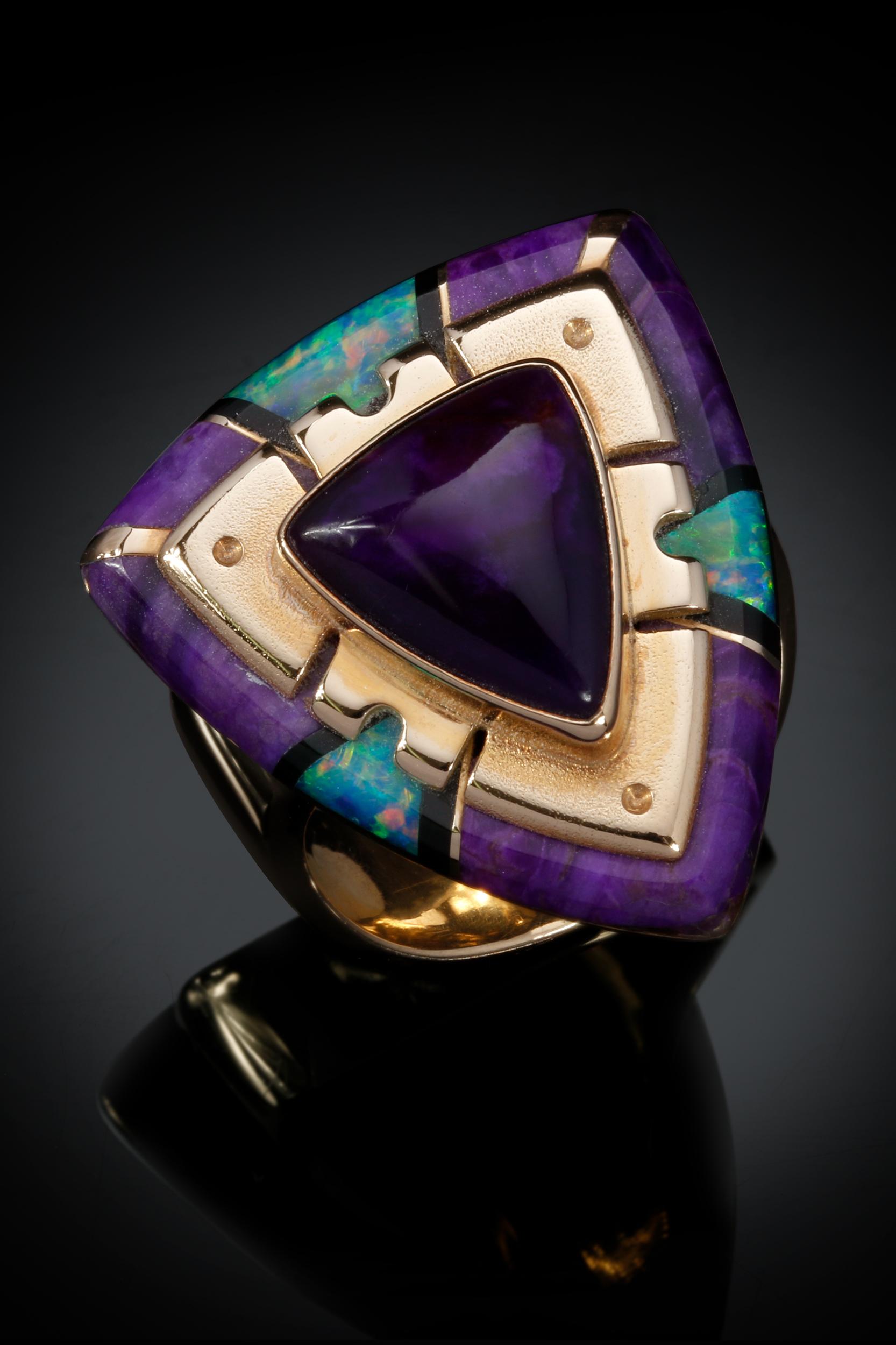 Women's or Men's Rare Raoul Sosa Sugilite and Opal Arrowhead Ring For Sale