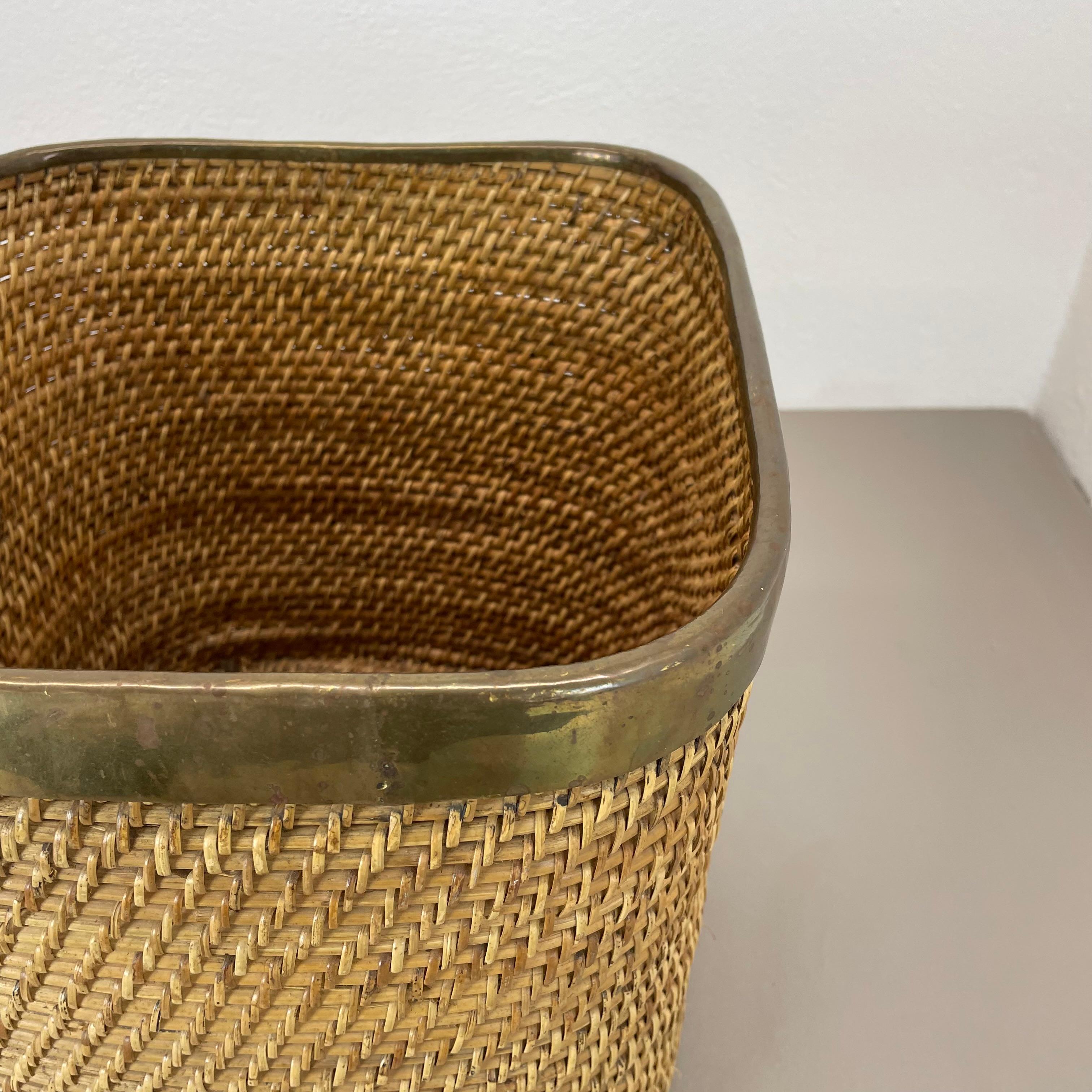 rare Rattan and Brass paper waste bin in Crespi Albini Style, Italy, 1970s 3