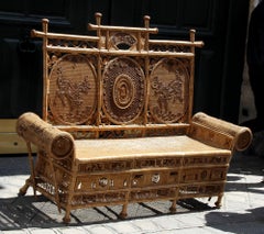 Rare Rattan Caned Sofa with a Fine Decor, France or Asia, circa 1930