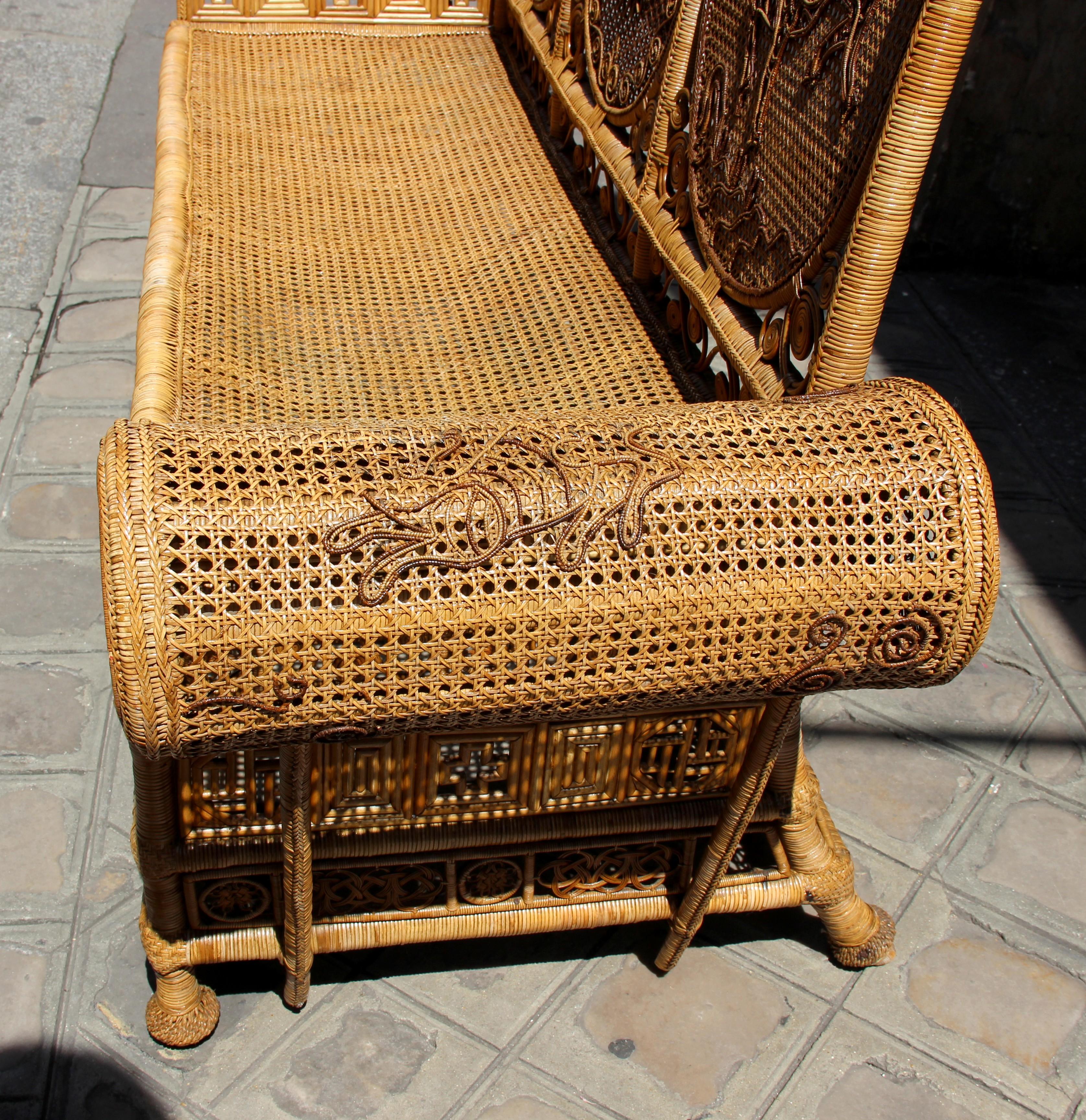 Mid-20th Century Rare Rattan Caned Sofa with a Fine Decor, France or Asia, circa 1930 For Sale