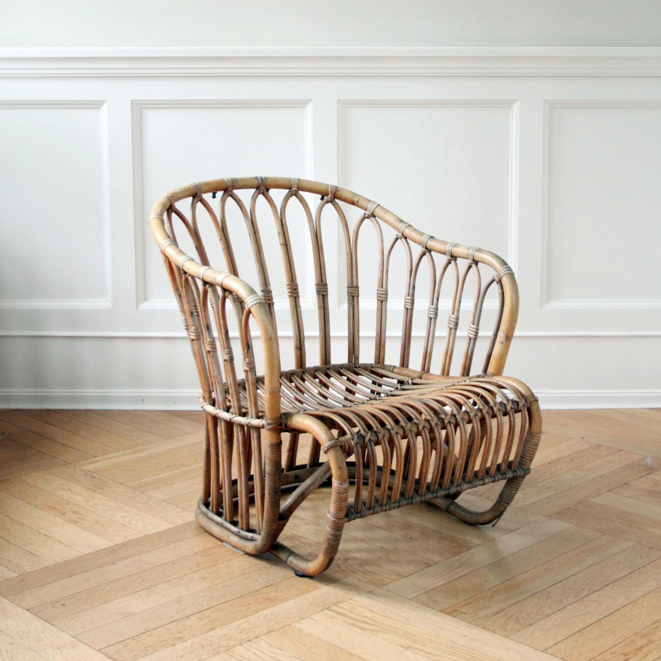 Raro sillón de ratán de Tove Kindt-Larsen, Wengler, Dinamarca Años 40 Escandinavo moderno en venta