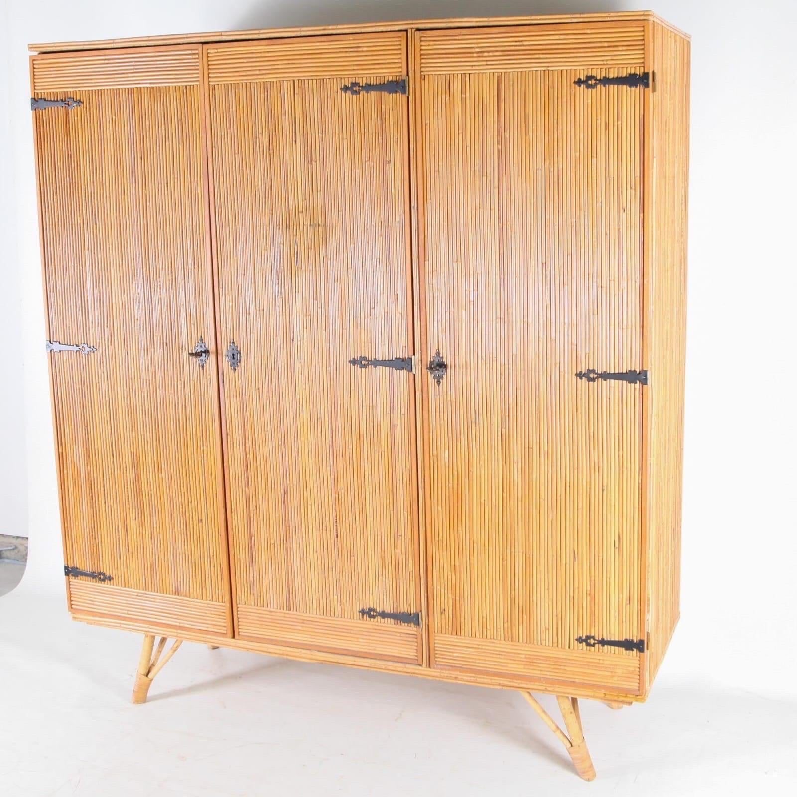 Rattan Rare rattan wardrobe attributed to Audoux Minet For Sale