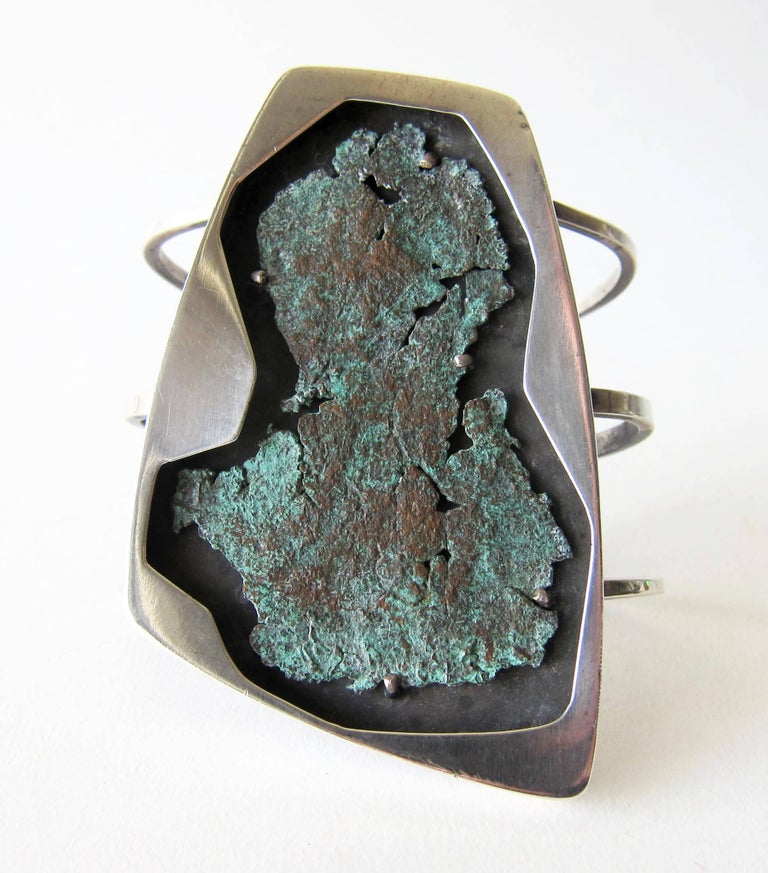 Artisan Rare Raymond Graves Sterling Silver Patinated Copper Shadowbox Cuff Bracelet For Sale