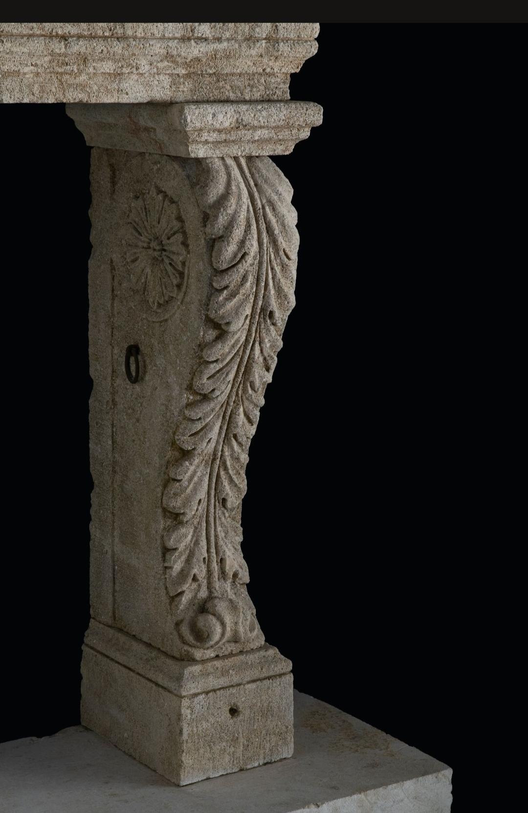 This limestone mantel is one of twelve fireplace mantels that we've recently acquired from a chateau-like mansion in Italy. 

All twelve rare mantels were intricately hand carved by Italian master carvers and installed on site anywhere between