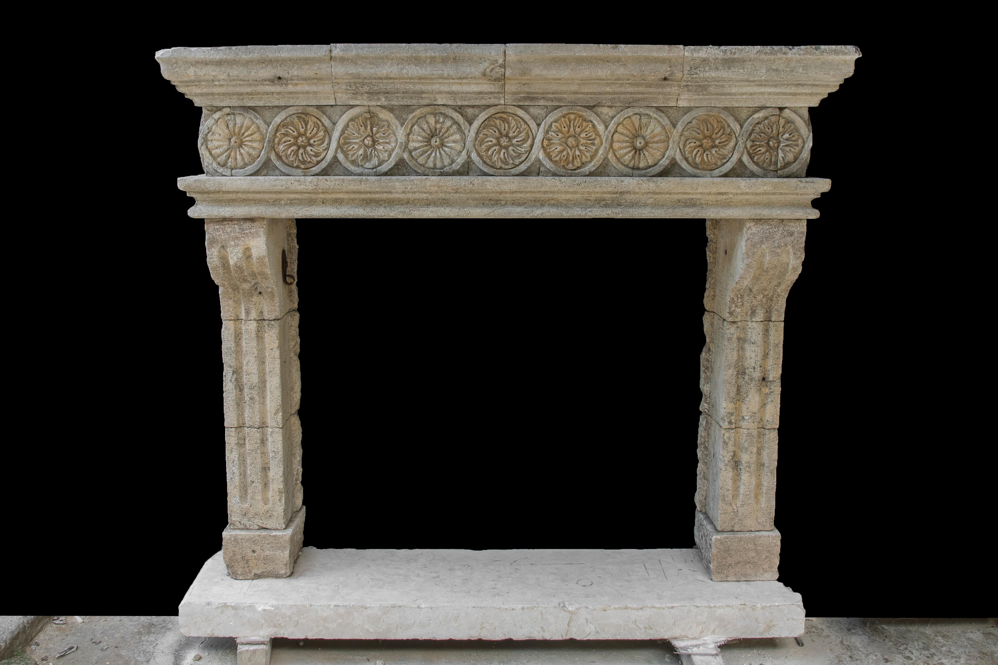 Rustic Rare Reclaimed Italian Limestone Fireplace Mantel