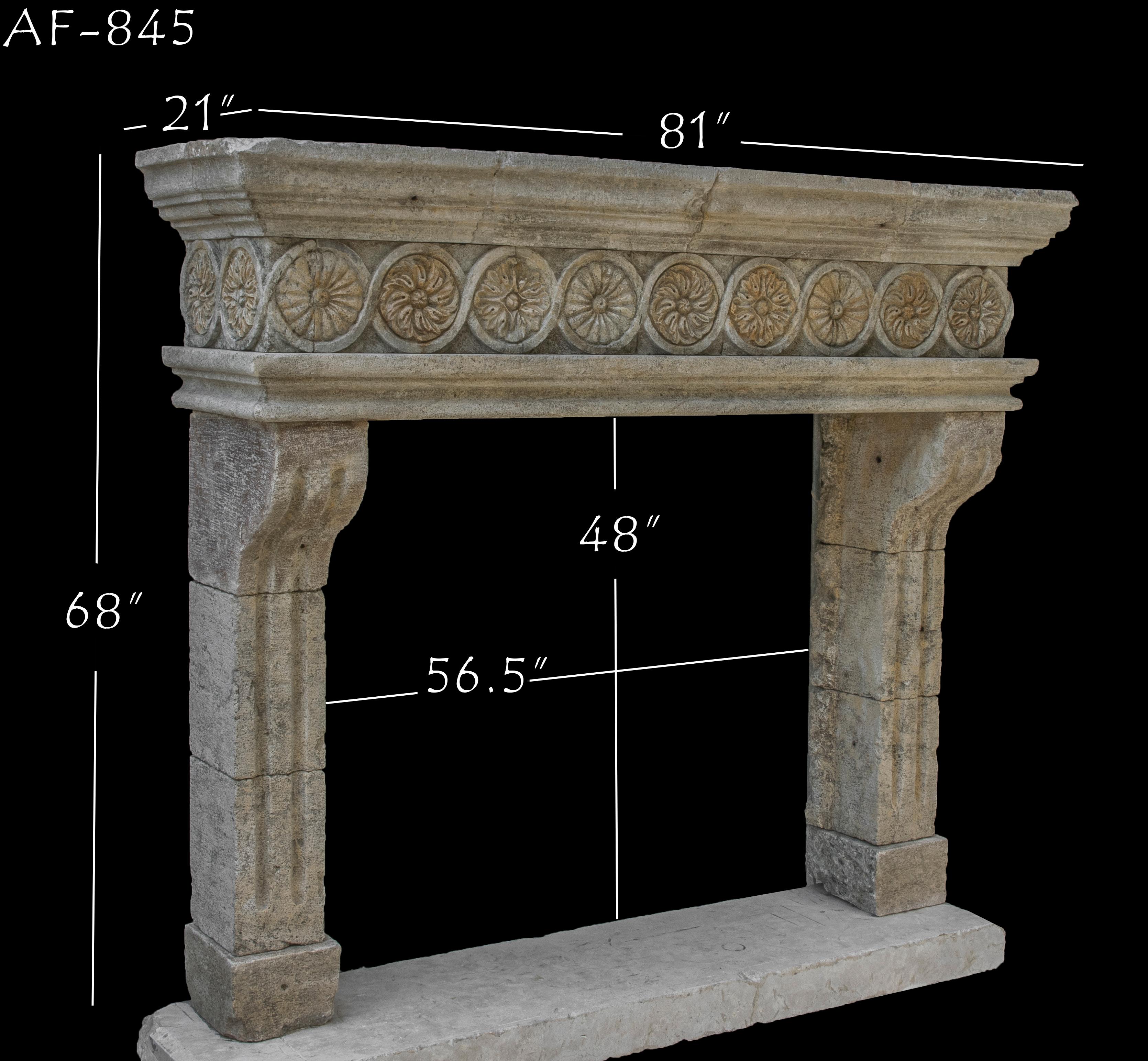 Hand-Carved Rare Reclaimed Italian Limestone Fireplace Mantel
