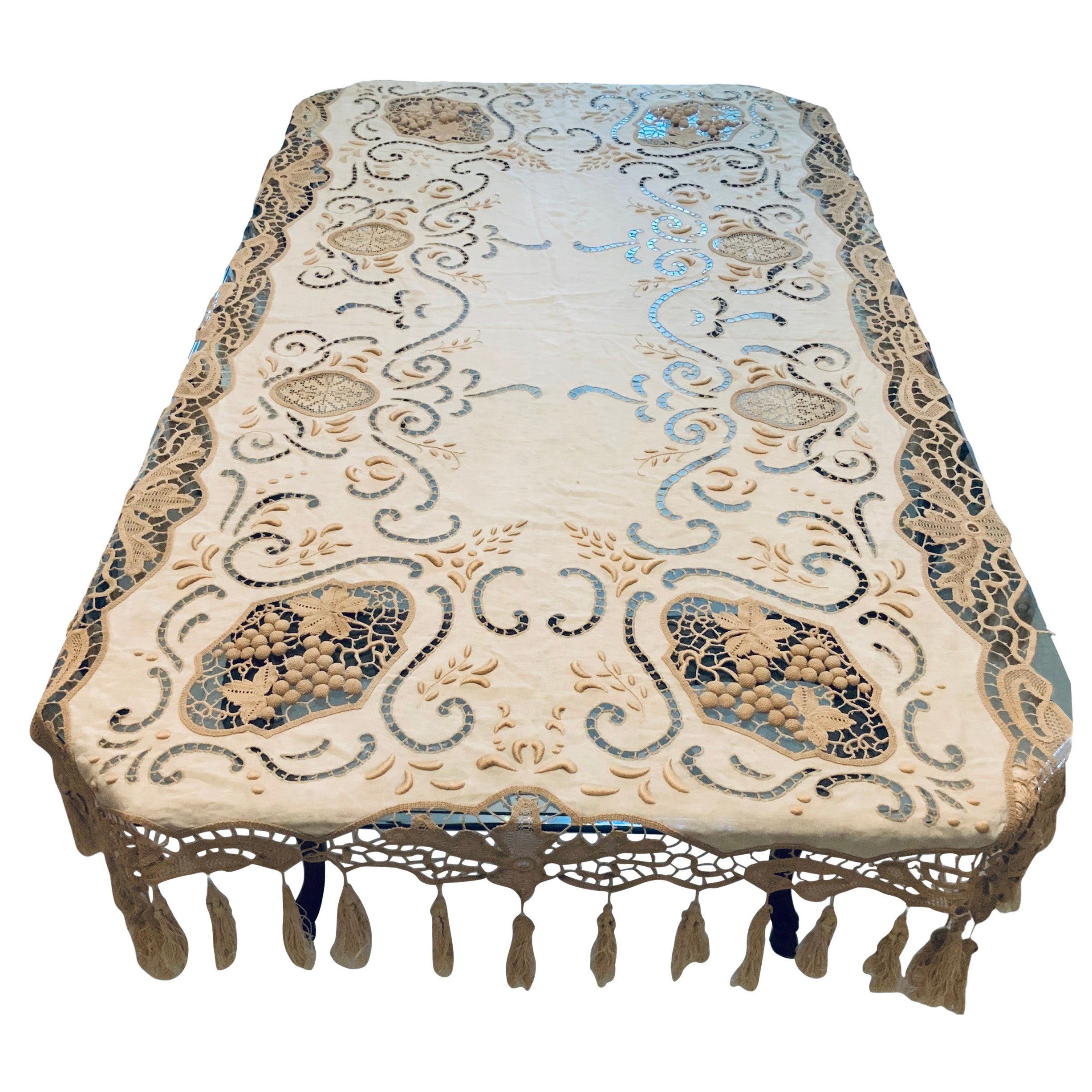 Rare Rectangular Embroidered Crochet Linen Tablecloth