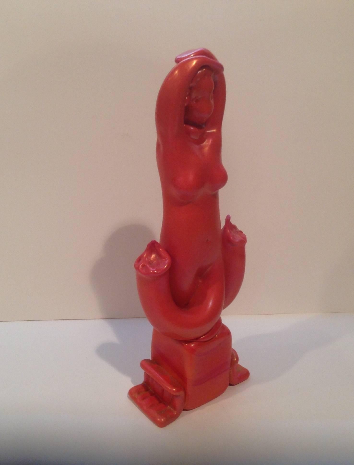 Here is a very rare red pasta di vetro glass figure of a nude Sirene by Alfredo Barbini. These are extremely rare and hard to find. Signed by the artist.